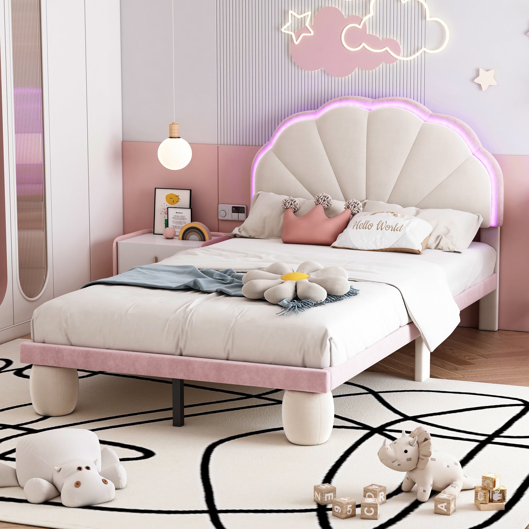 Logidon gestoffeerd bed 90x200 cm met LED-lichtstrips beige roze