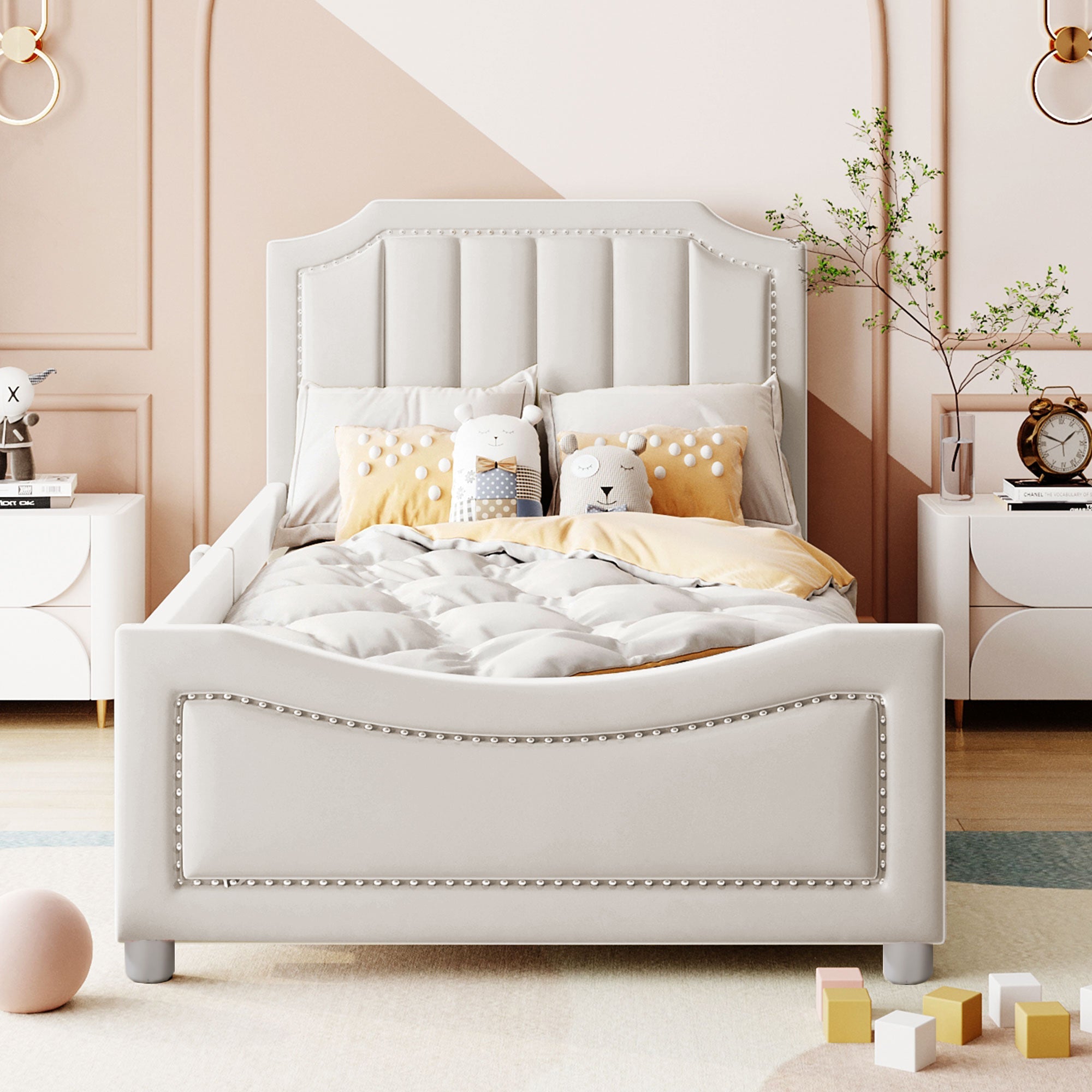 Logidon kinderbed 90x200 beige gestoffeerde slaapbank met rugleuning