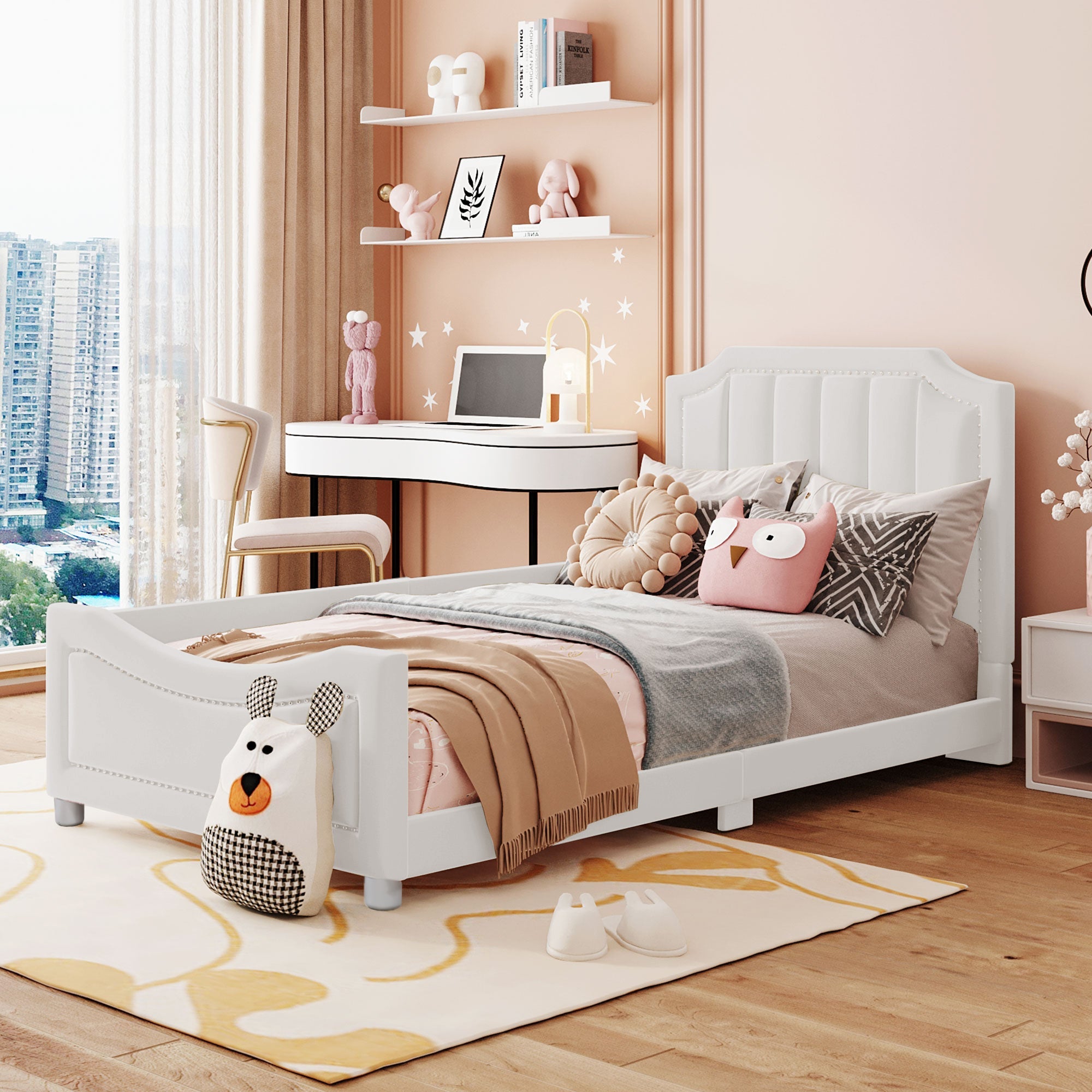 Logidon kinderbed 90x200 beige gestoffeerde slaapbank met rugleuning