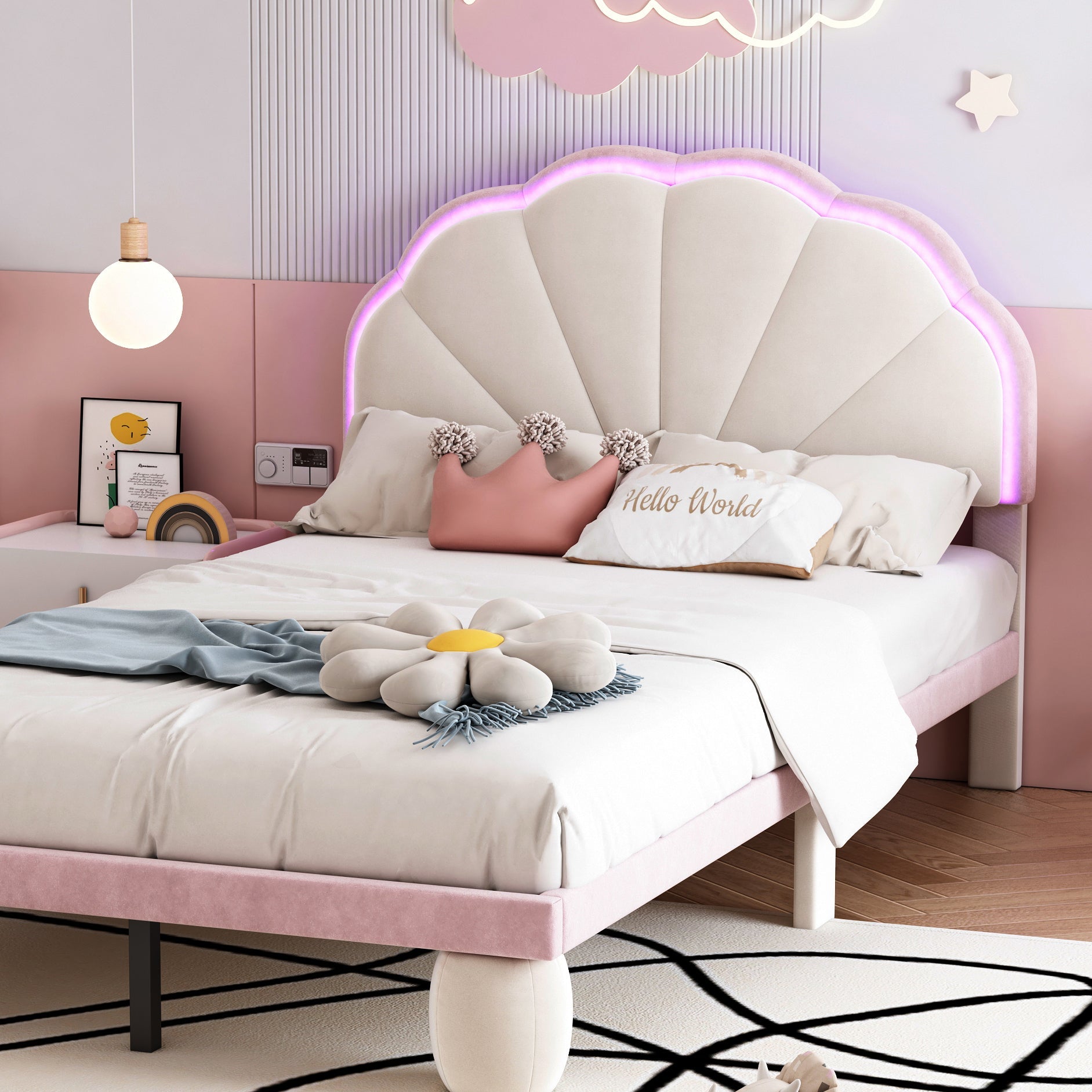 Logidon gestoffeerd bed 90x200 cm met LED-lichtstrips beige roze