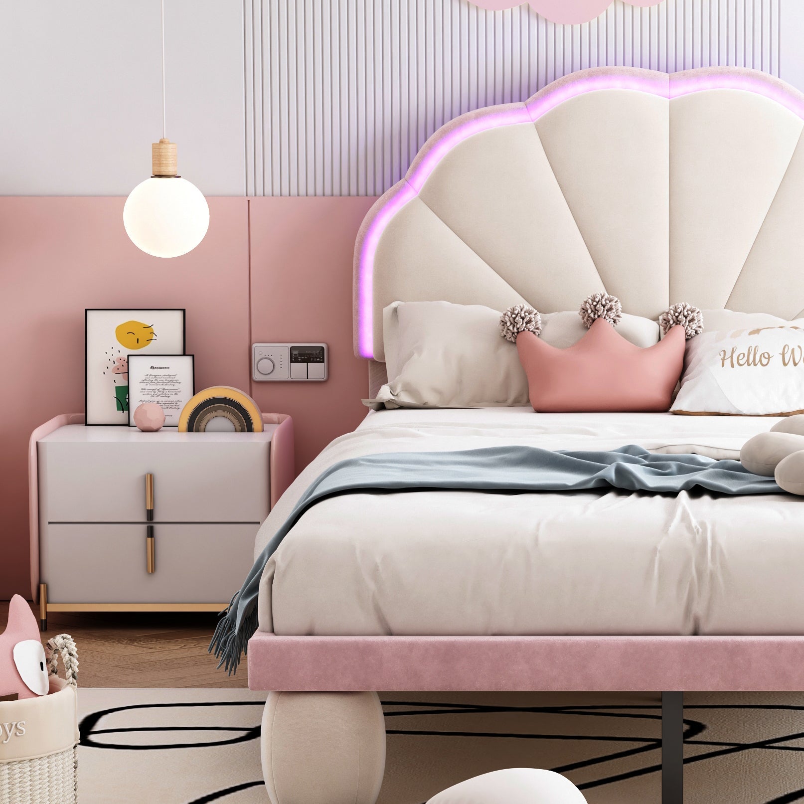 Logidon gestoffeerd bed 90x200 cm met LED-lichtstrips beige roze