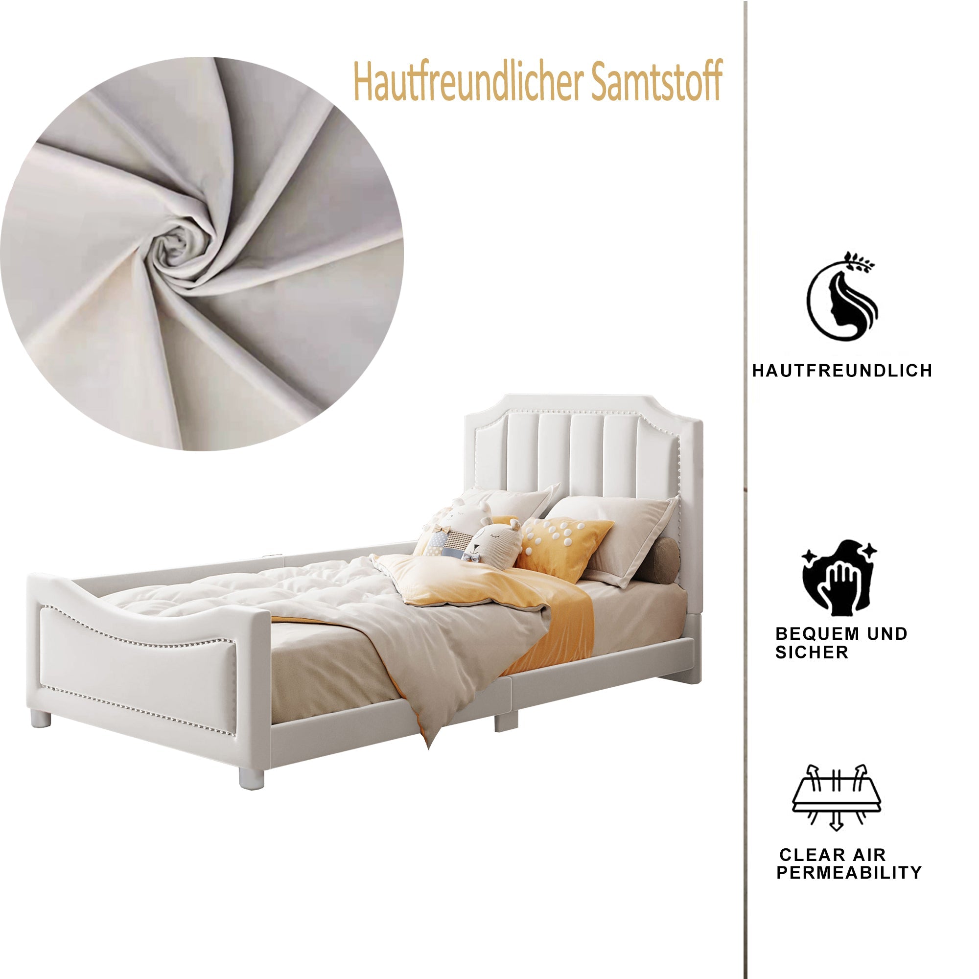 Logidon kinderbed 90x200 beige gestoffeerde slaapbank met rugleuning