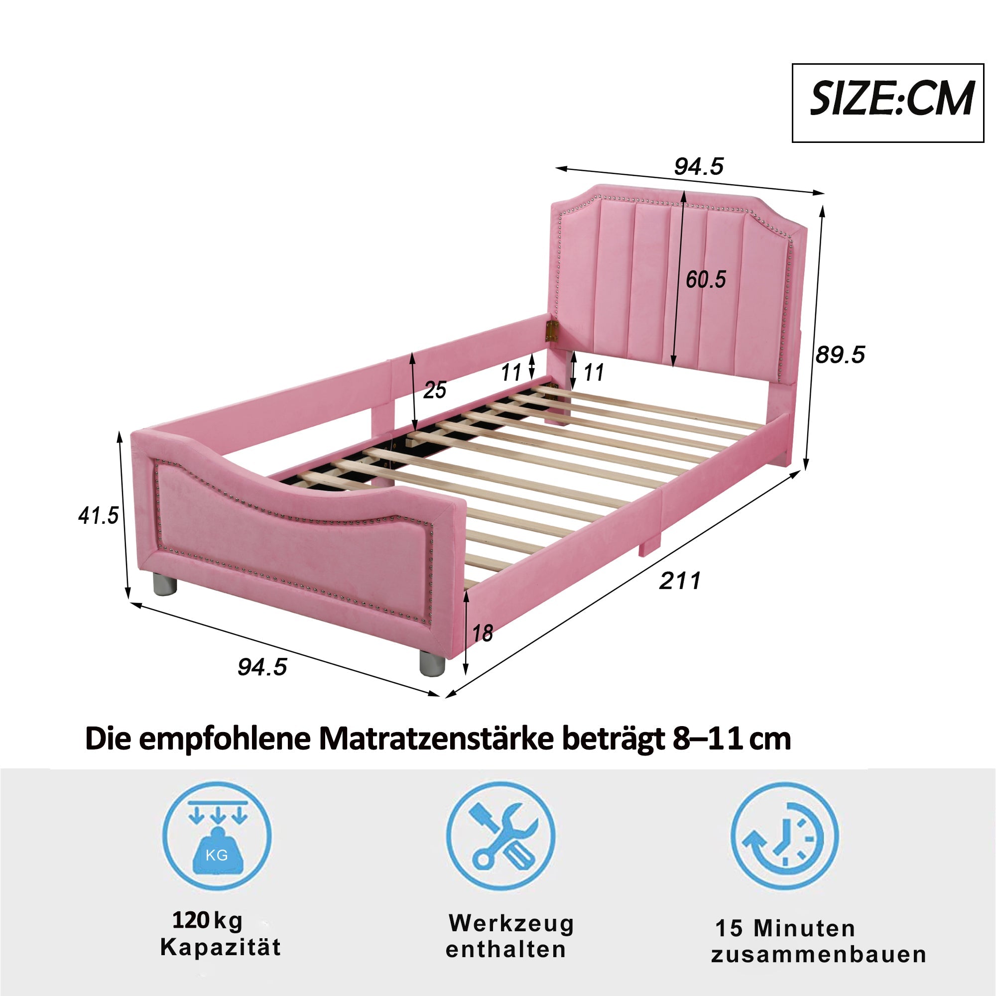Logidon gestoffeerd bed 90x200 cm roze met rugleuning slaapbank