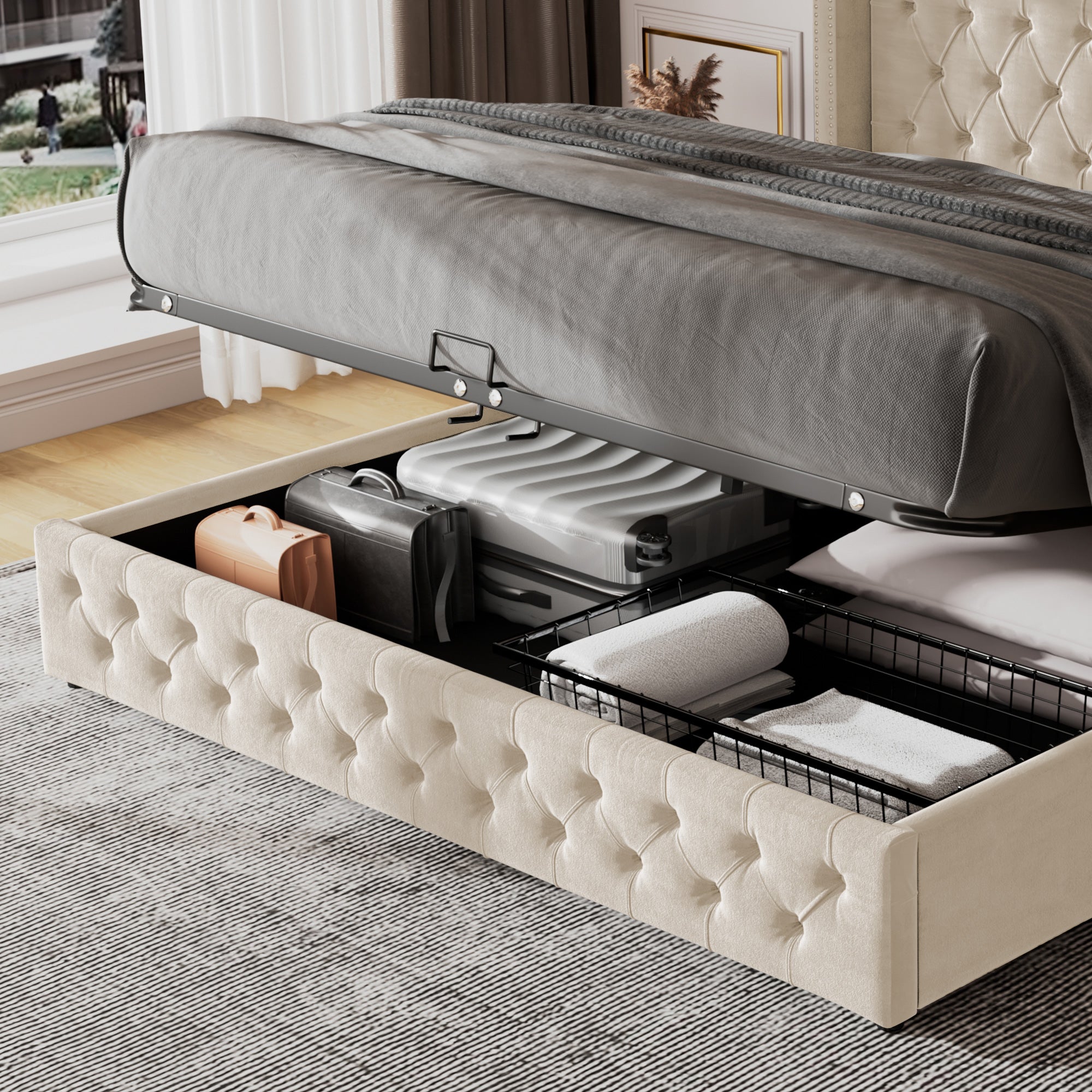 Logidon stof gestoffeerd bed 160x200 beige fluweel met hydraulische bedbox