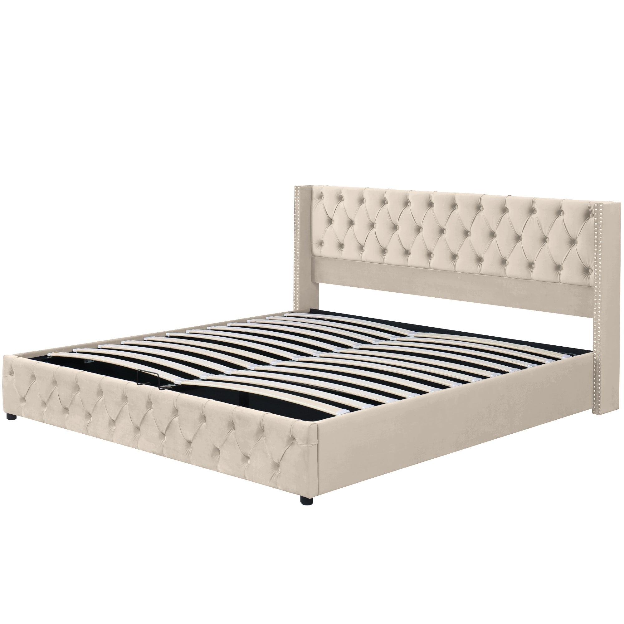 Logidon stof gestoffeerd bed 160x200 beige fluweel met hydraulische bedbox