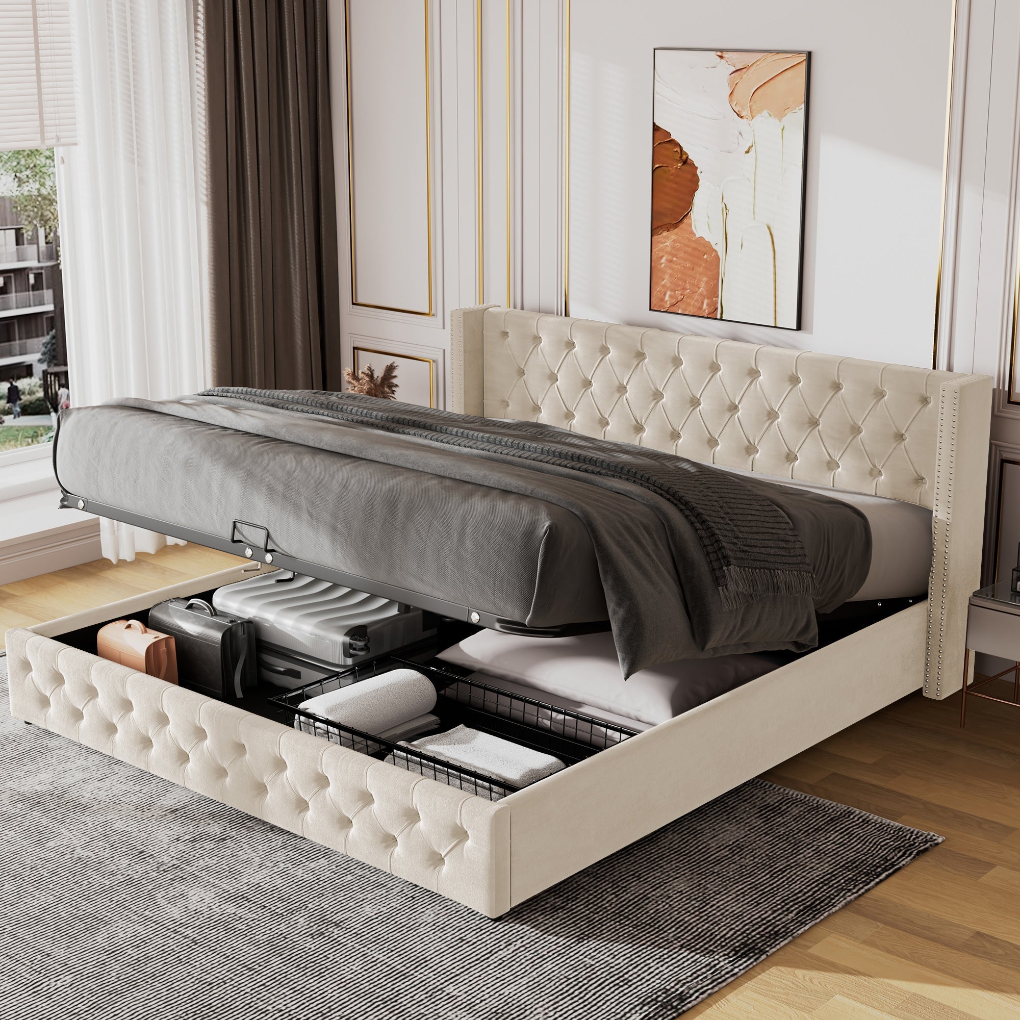 Logidon stof gestoffeerd bed 160x200 beige fluweel met hydraulische bedbox