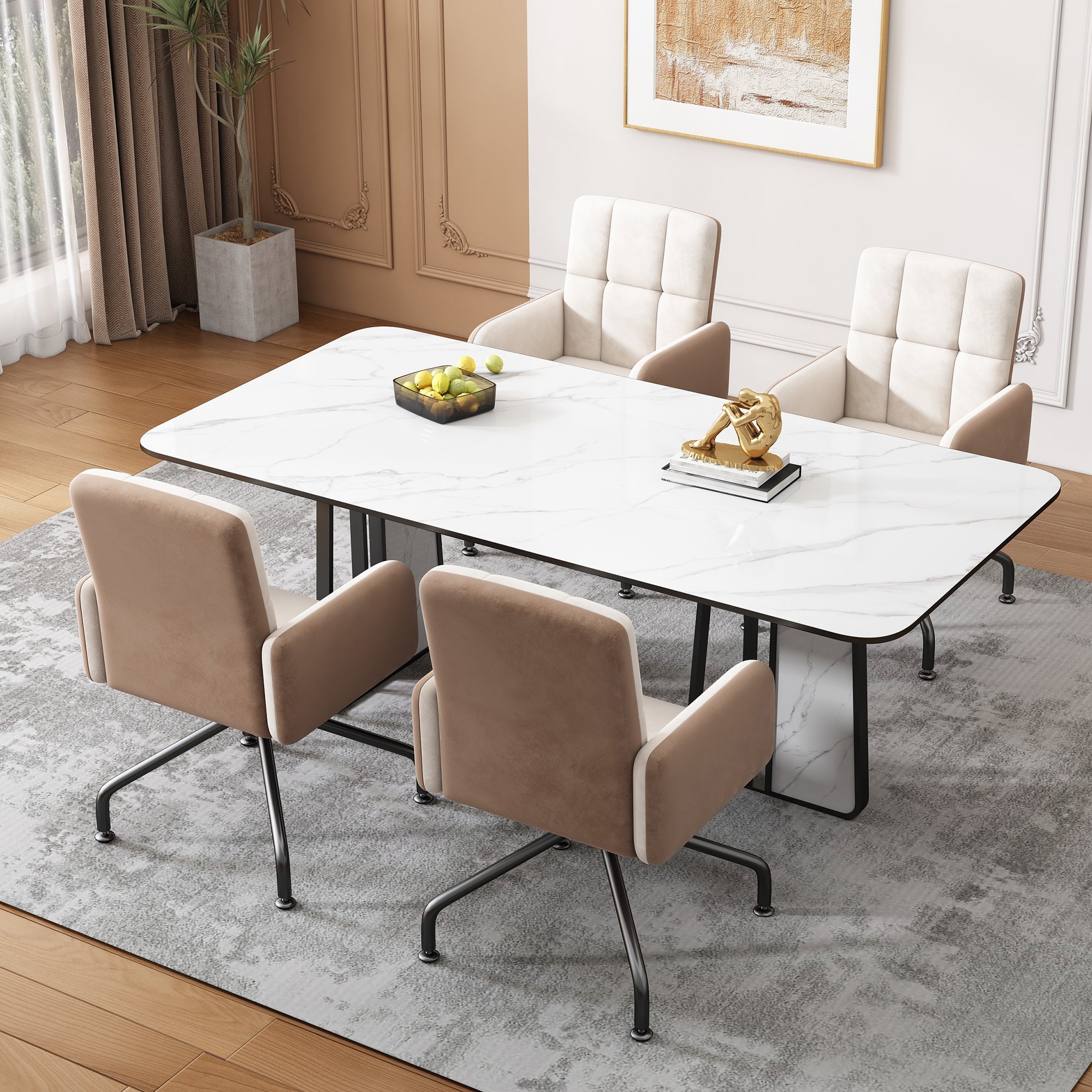 Logidon beige fluwelen eetkamerstoel vierkant frame set van 1