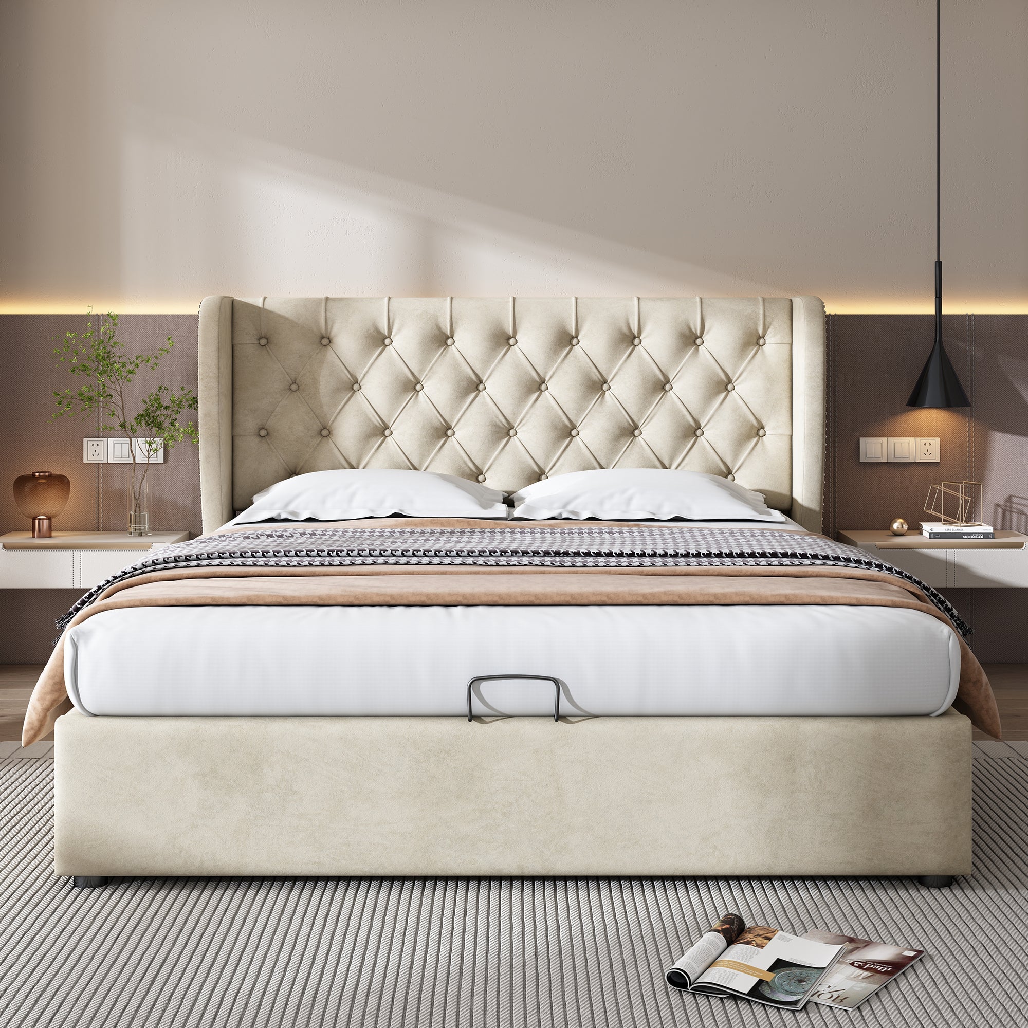 Logidon upholstered bed ear shape velvet fabric beige 160x200 with storage space button seams