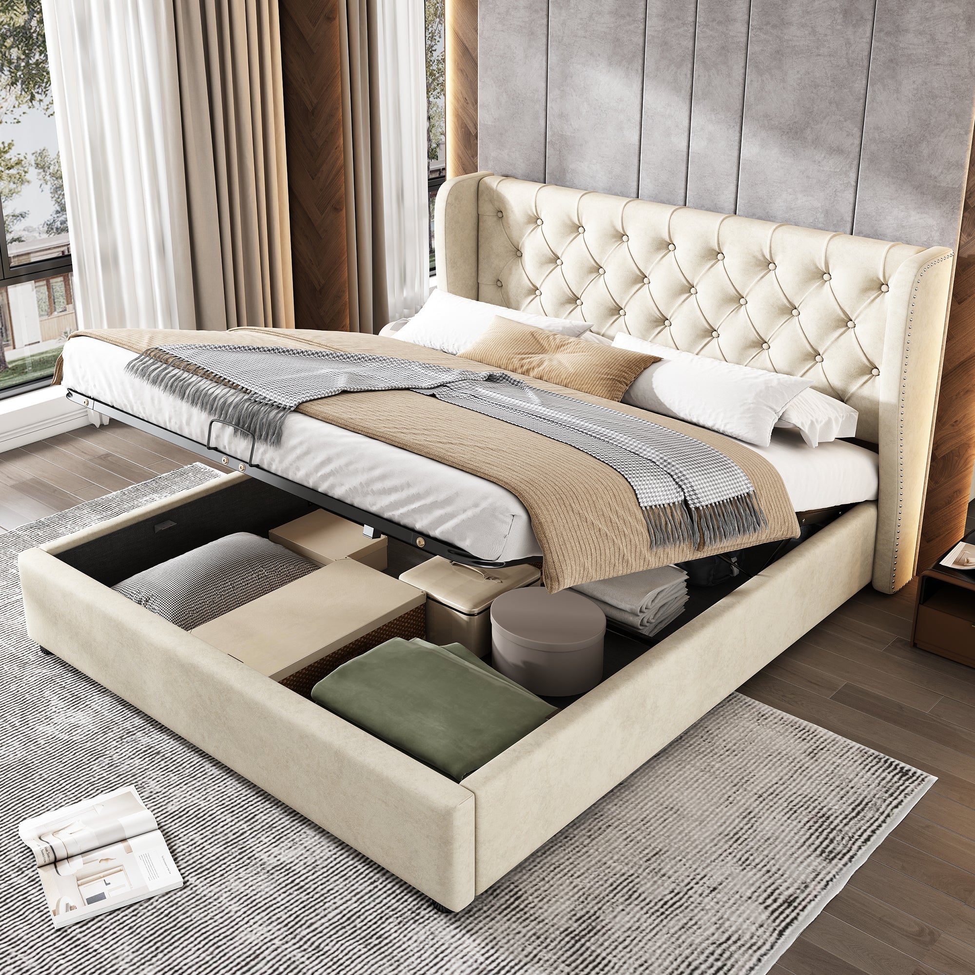 Logidon gestoffeerd bed oorvorm fluweel 140x200 beige met opbergruimte