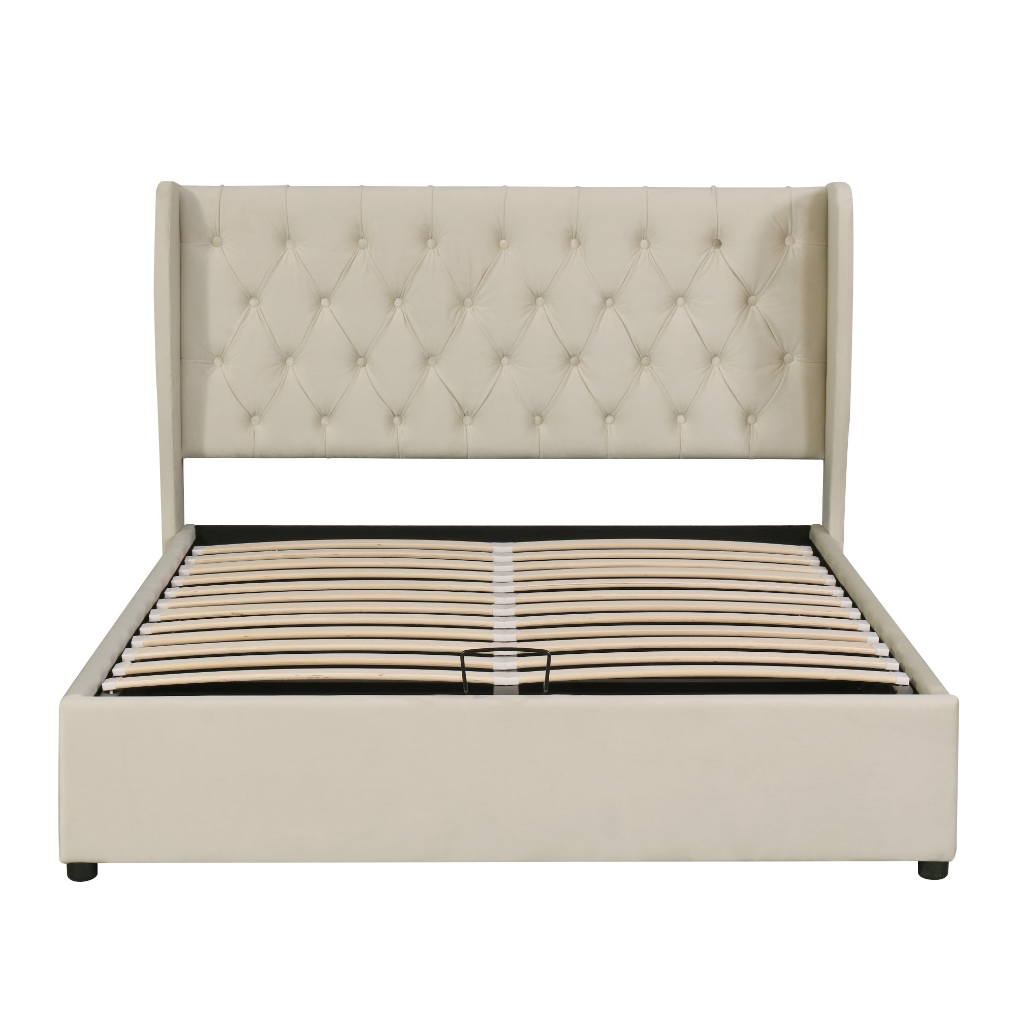 Logidon upholstered bed ear shape velvet fabric beige 160x200 with storage space button seams