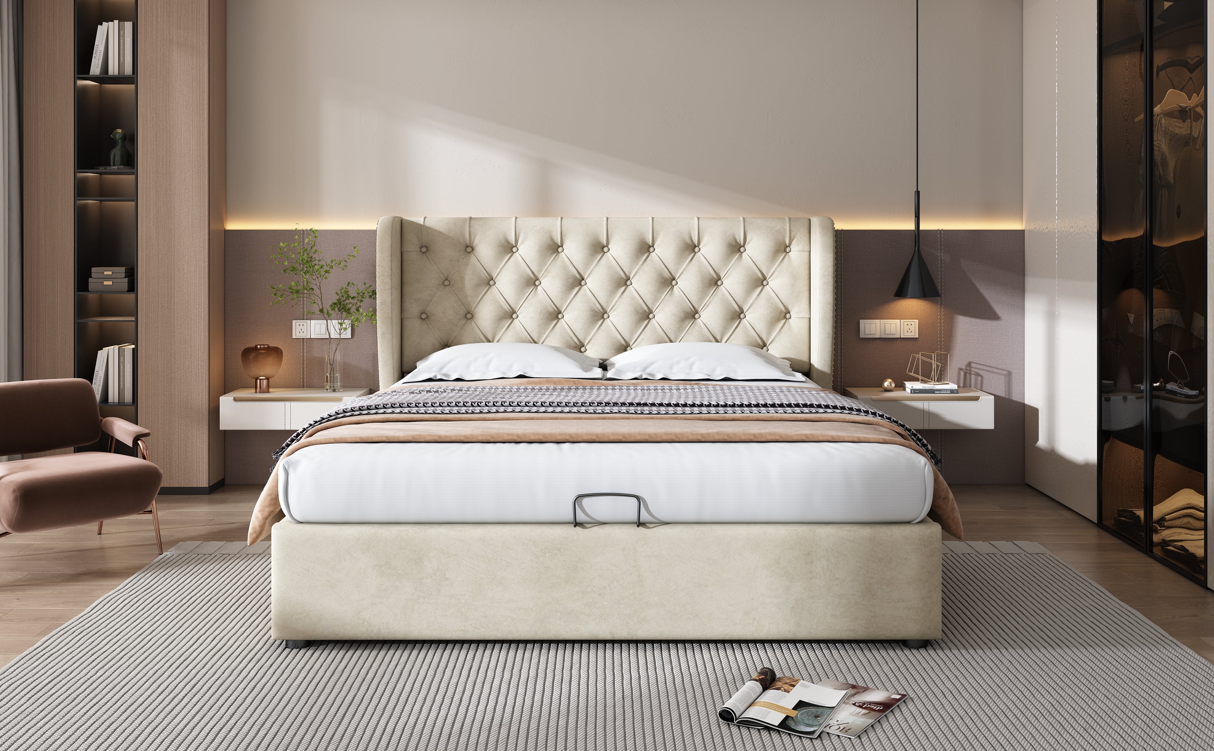 Logidon gestoffeerd bed oorvorm fluweel 140x200 beige met opbergruimte