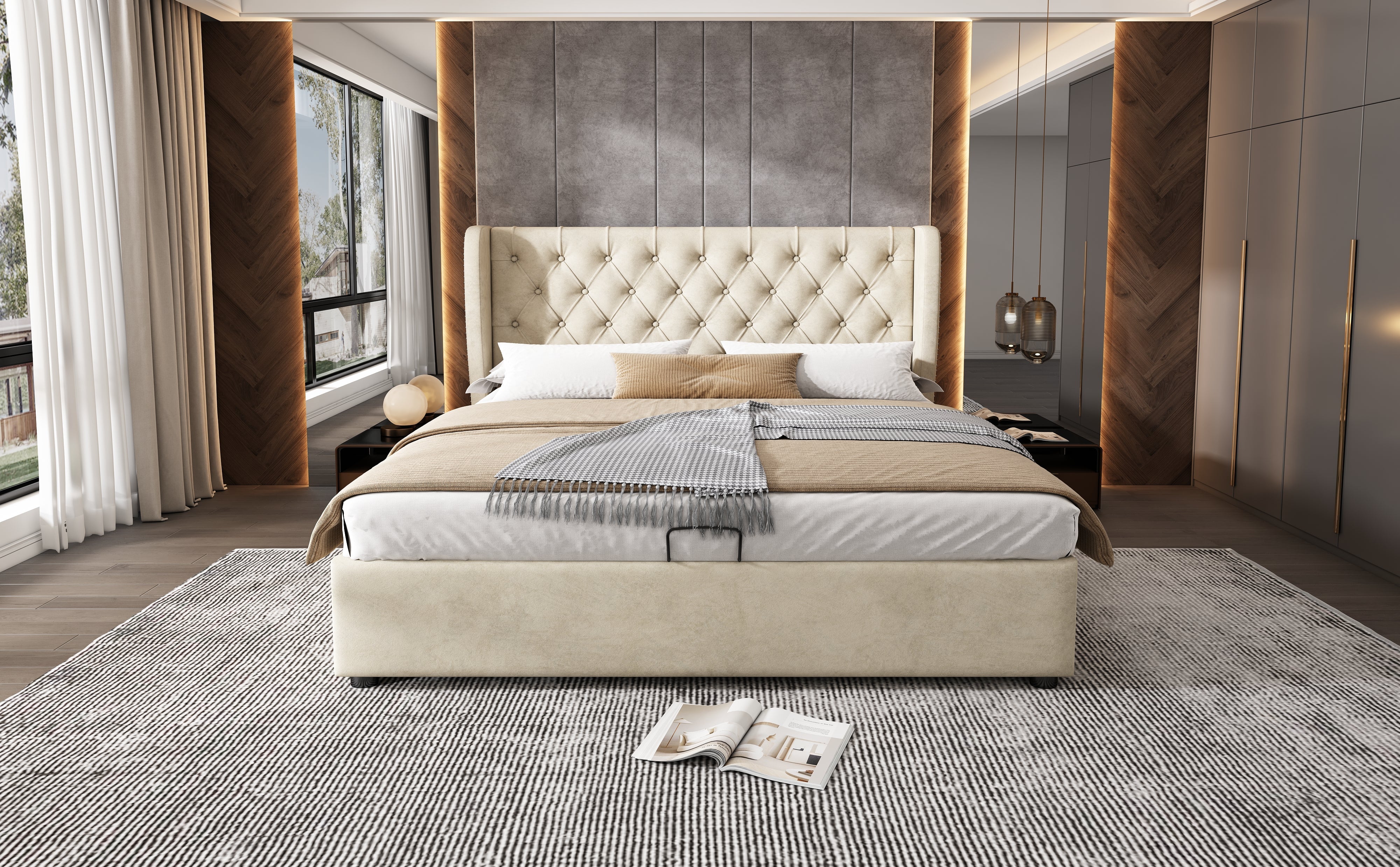 Logidon gestoffeerd bed oorvorm fluweel 140x200 beige met opbergruimte