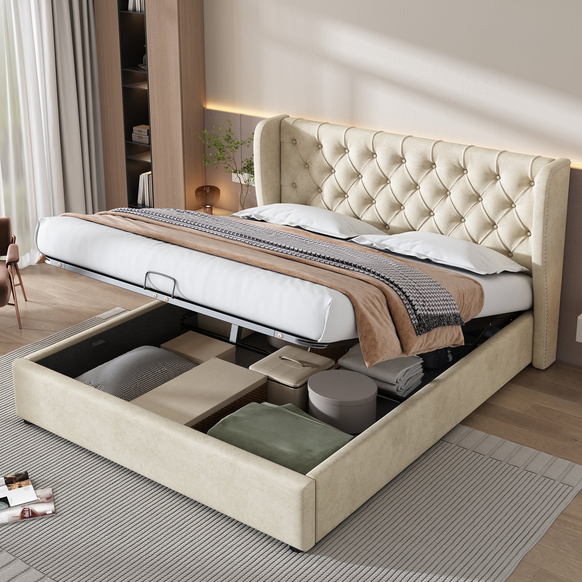 Logidon upholstered bed ear shape velvet fabric beige 160x200 with storage space button seams