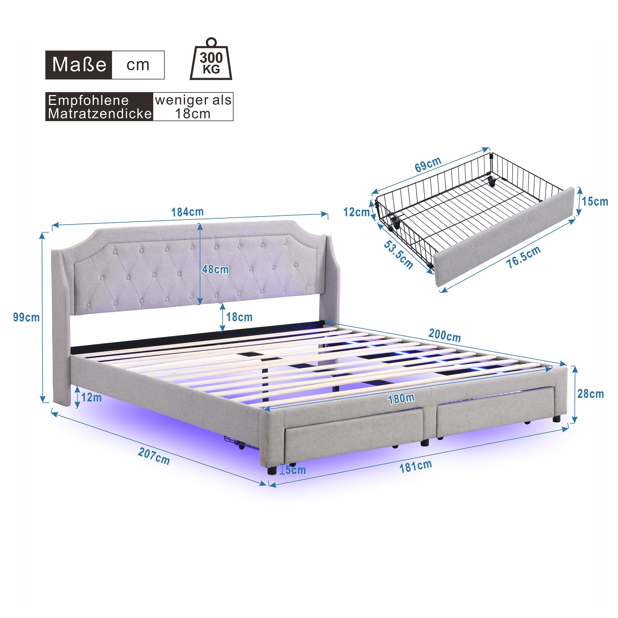 Logidon gestoffeerd bed 180x200 grijs met LED-verlichting en lades
