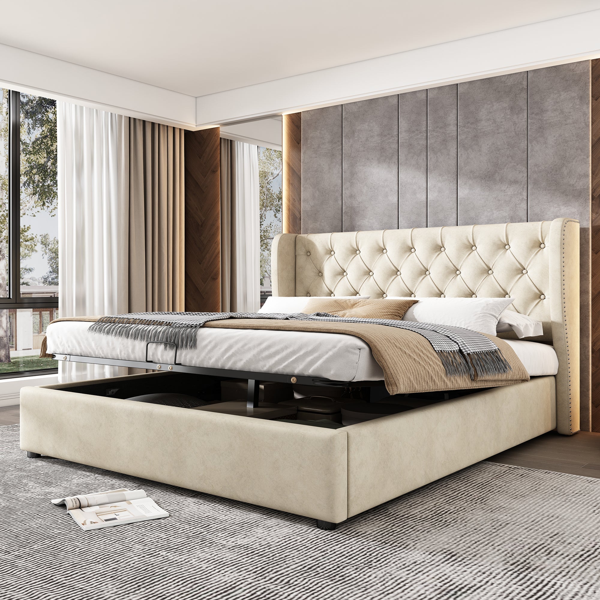 Logidon hydraulisch opbergbed 140x190 veloursbeige