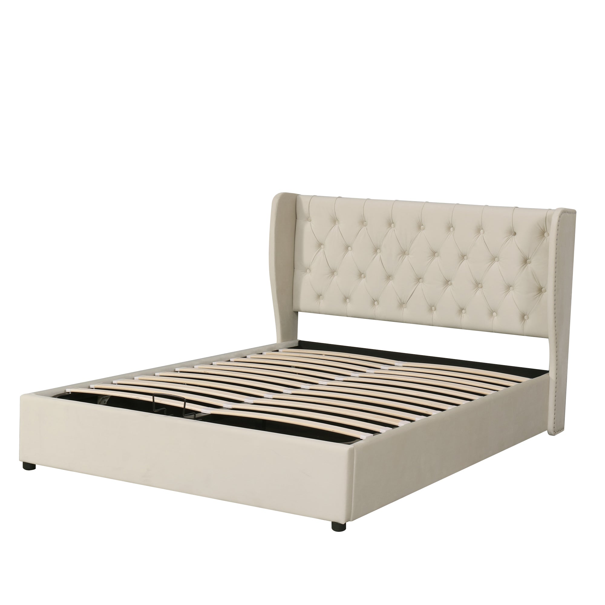 Logidon gestoffeerd bed oorvorm fluweel 140x200 beige met opbergruimte