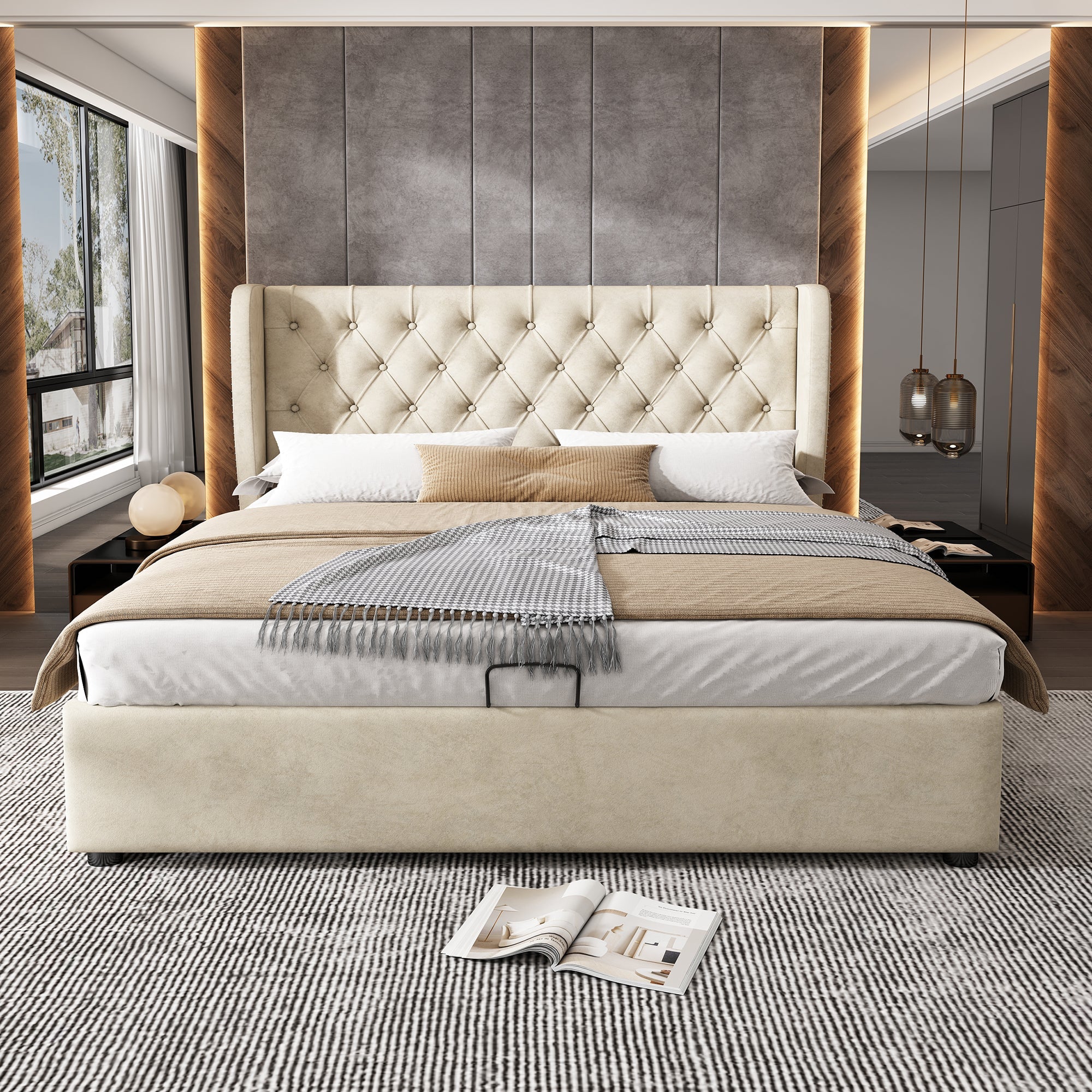 Logidon upholstered bed ear shape velvet fabric beige 160x200 with storage space button seams