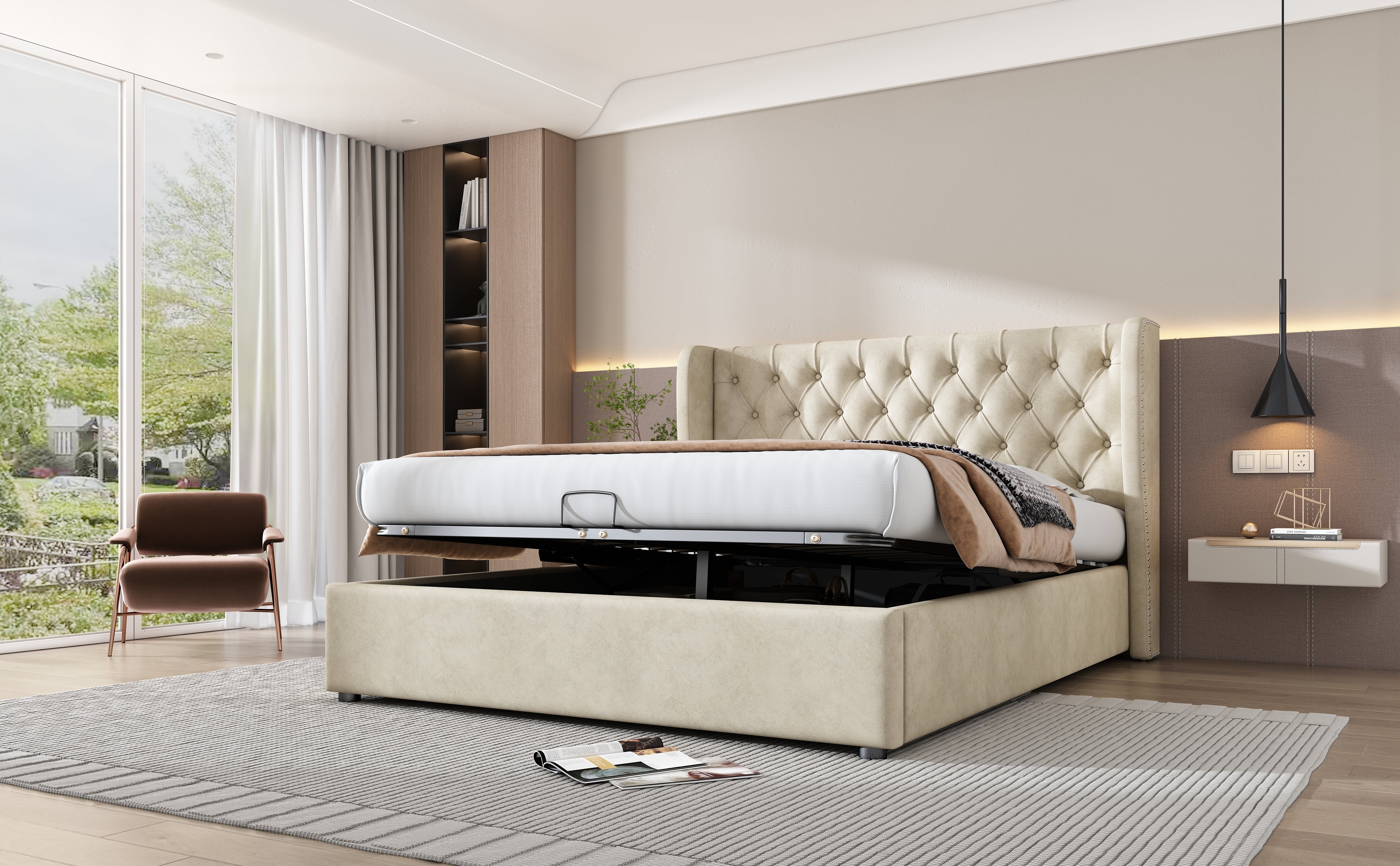 Logidon gestoffeerd bed oorvorm fluweel 140x200 beige met opbergruimte