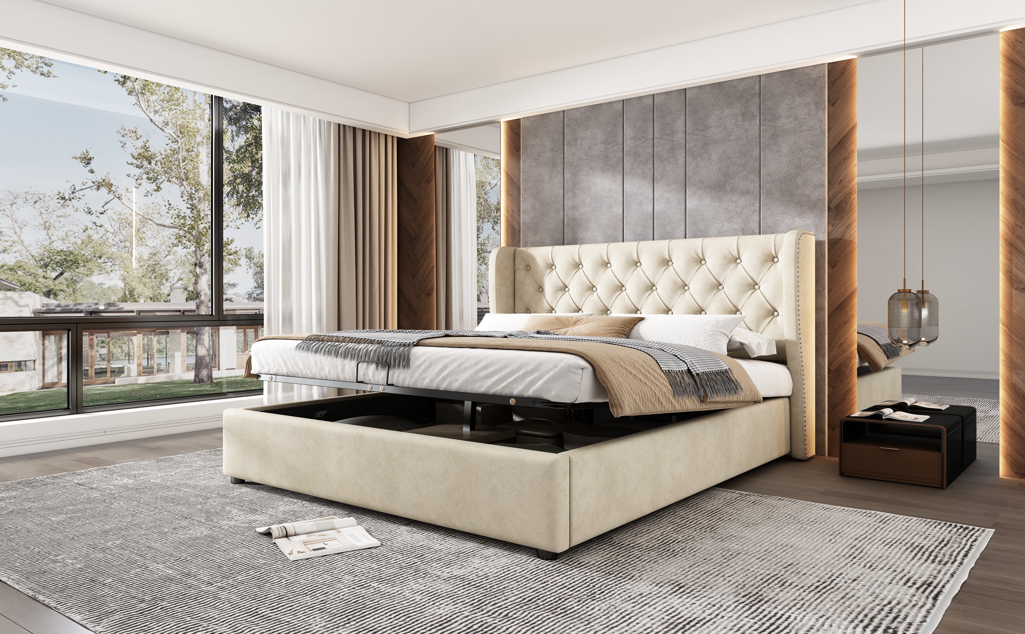 Logidon gestoffeerd bed oorvorm fluweel 140x200 beige met opbergruimte