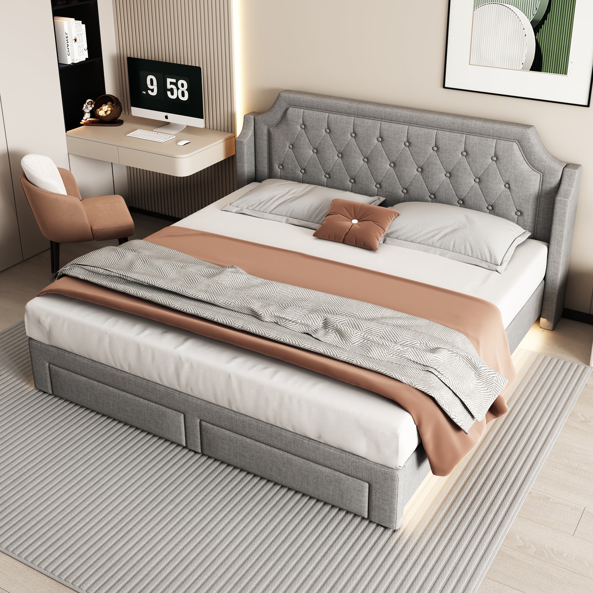 Logidon gestoffeerd bed 180x200 grijs met LED-verlichting en lades