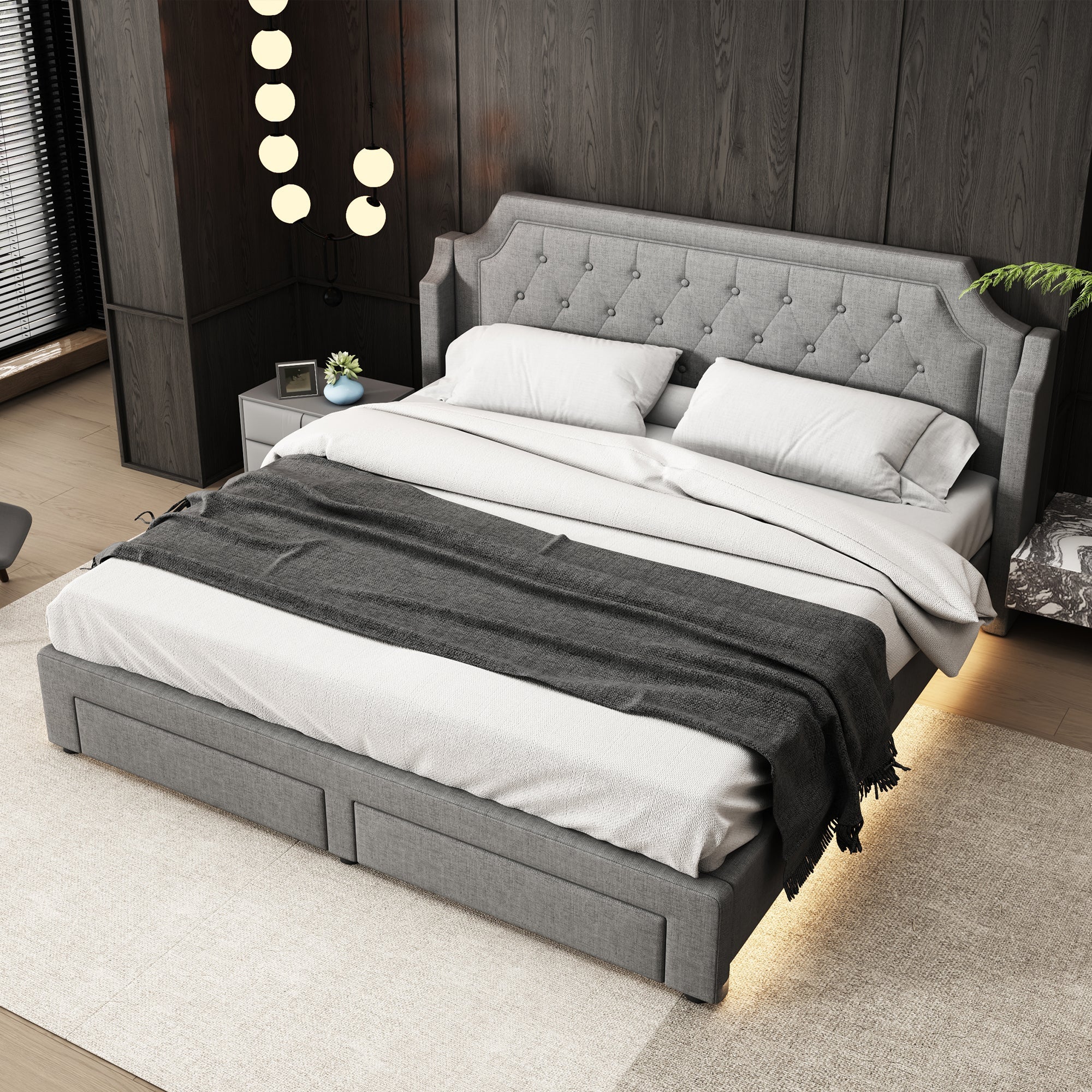 Logidon gestoffeerd bed 180x200 grijs met LED-verlichting en lades