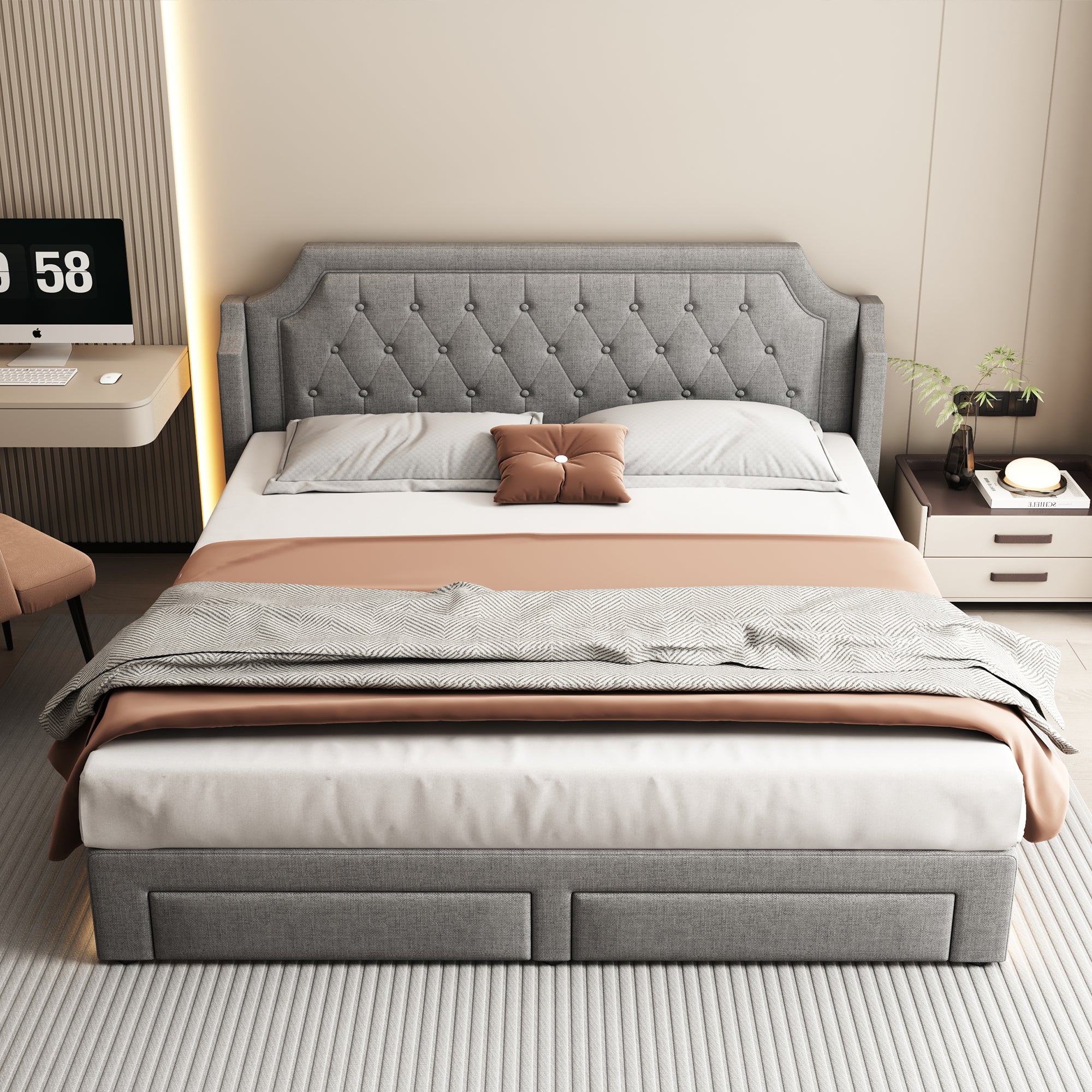 Logidon gestoffeerd bed 180x200 grijs met LED-verlichting en lades