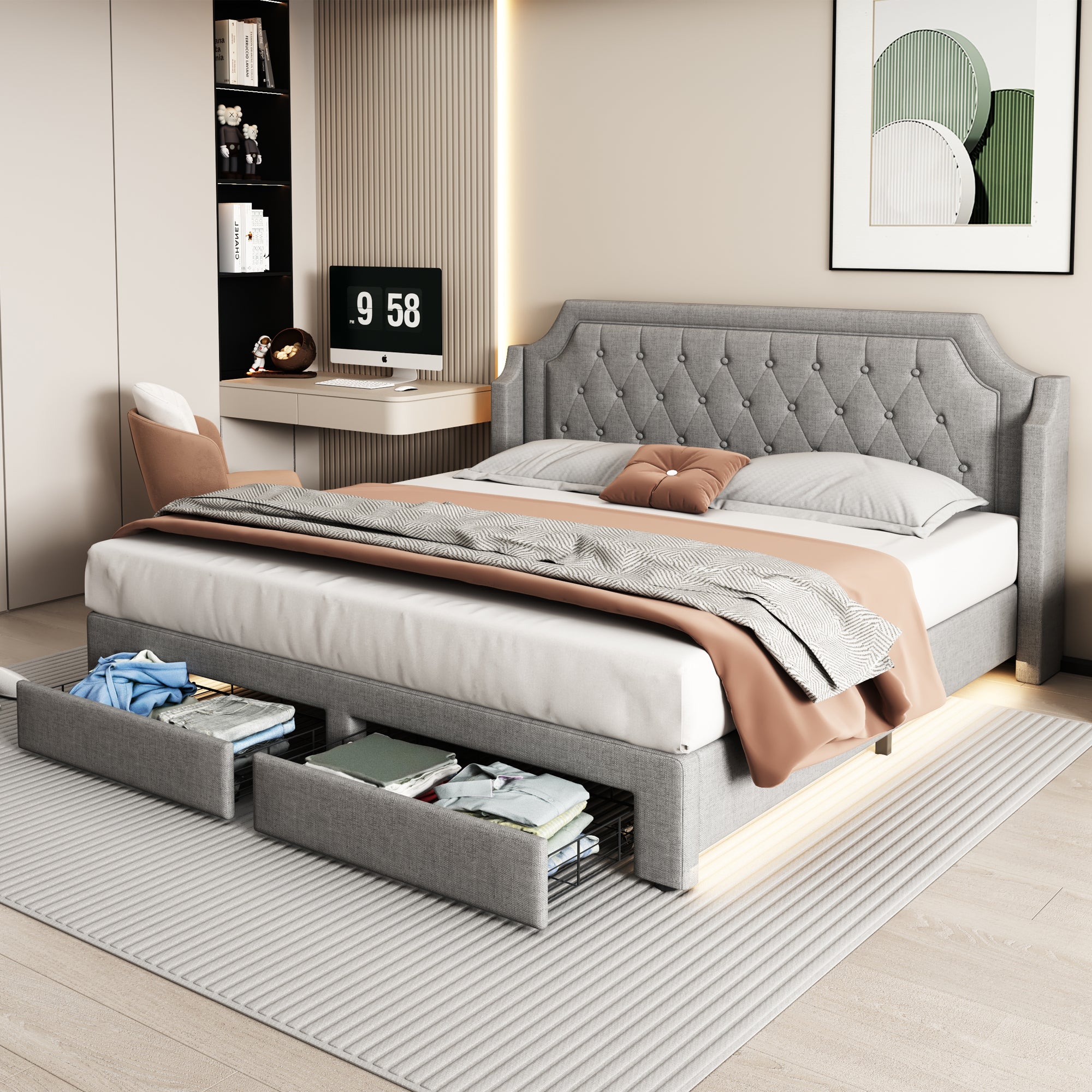 Logidon gestoffeerd bed 180x200 grijs met LED-verlichting en lades