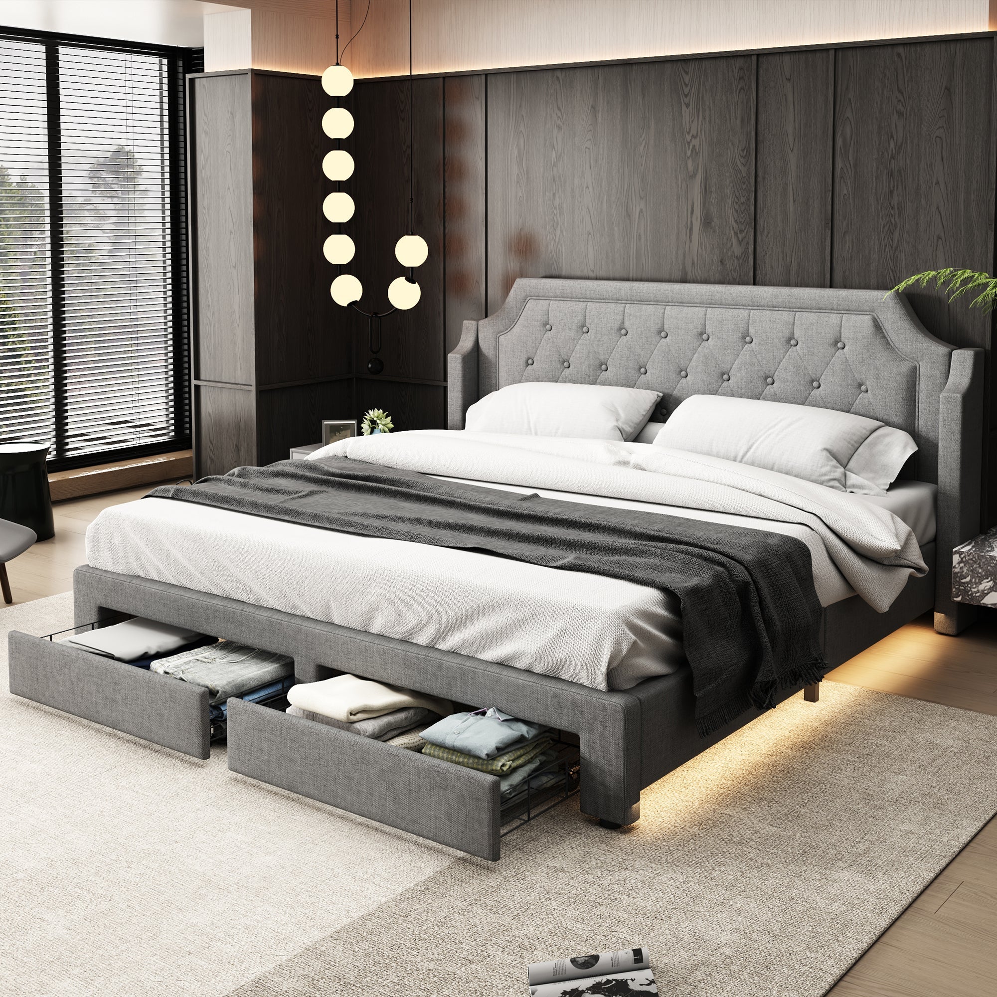 Logidon gestoffeerd bed 180x200 grijs met LED-verlichting en lades