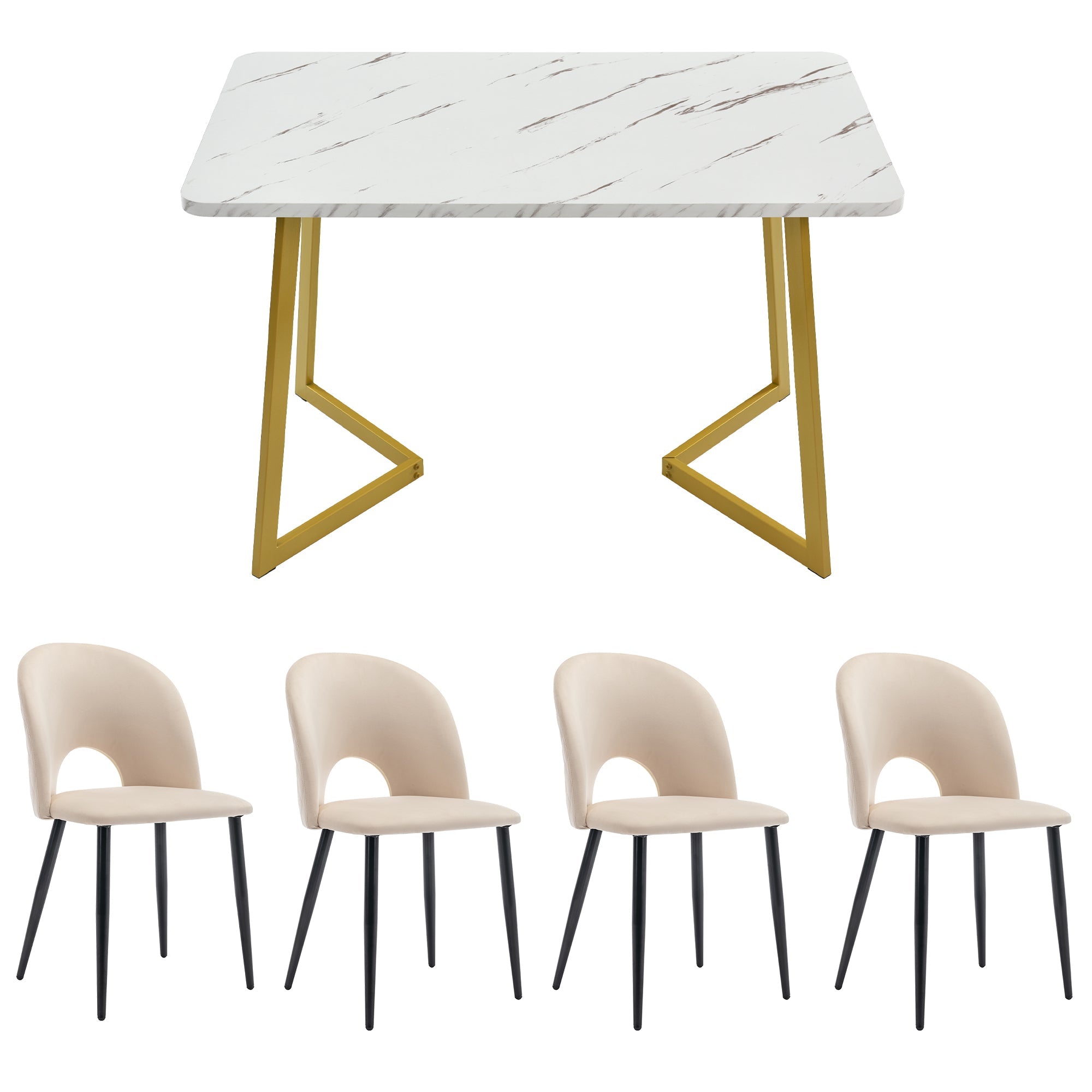 Logidon eetgroep 117x68 cm tafel beige fluwelen stoelen gouden poten