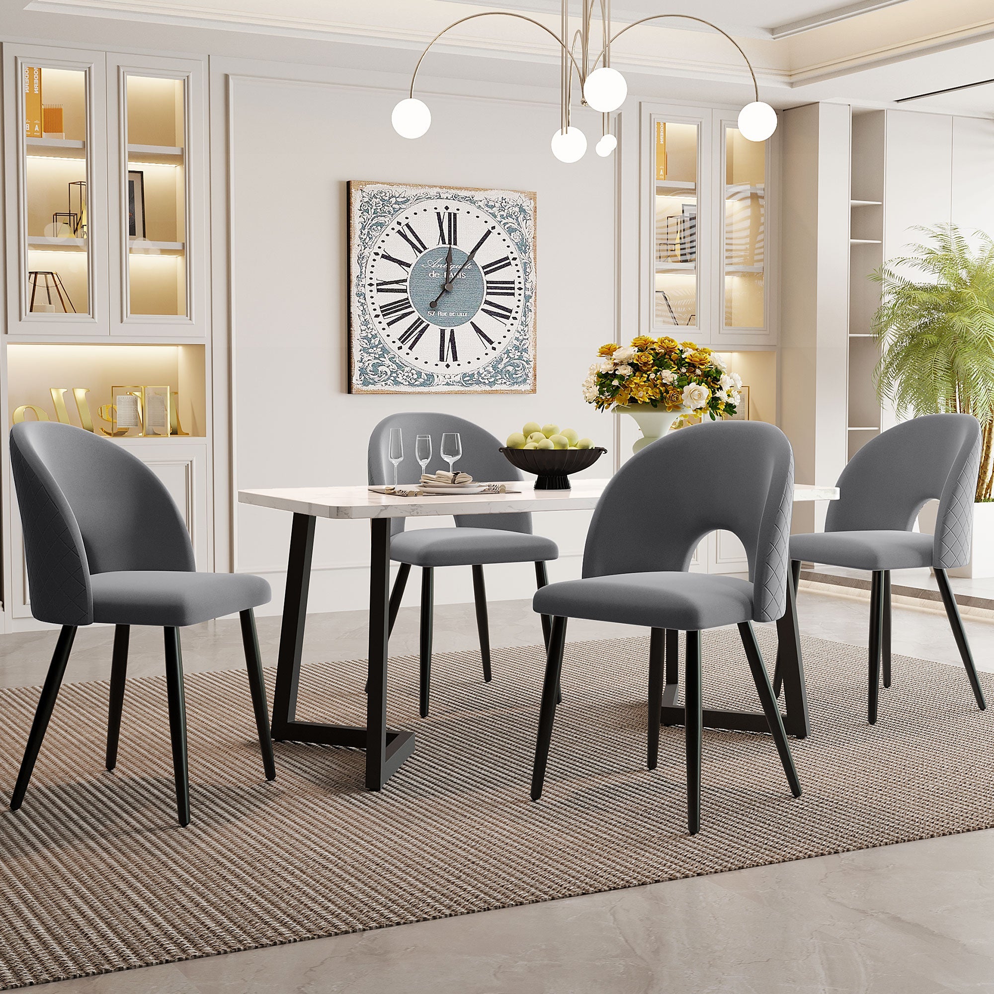Logidon eetgroep 117x68 cm eettafelset 4 grijs fluwelen stoelen