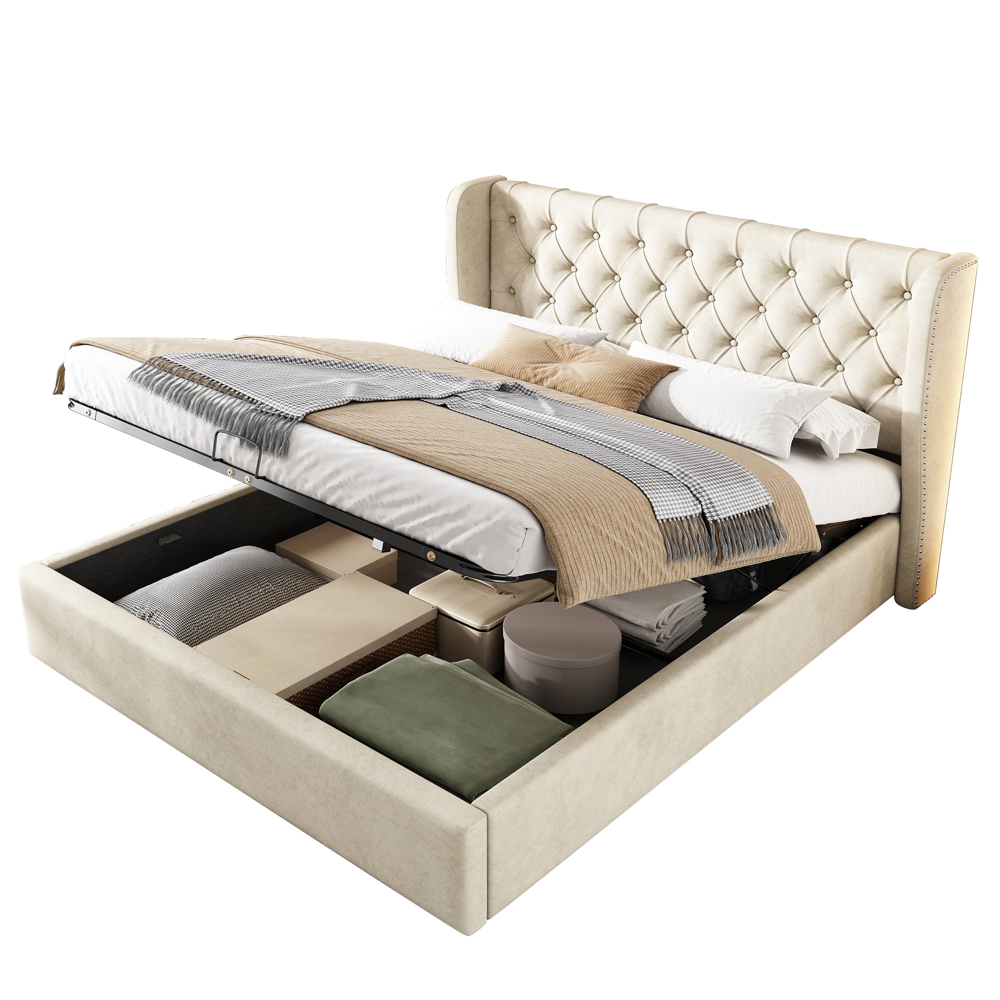 Logidon gestoffeerd bed oorvorm fluweel stof beige 160x200 met opbergruimte knoopnaden
