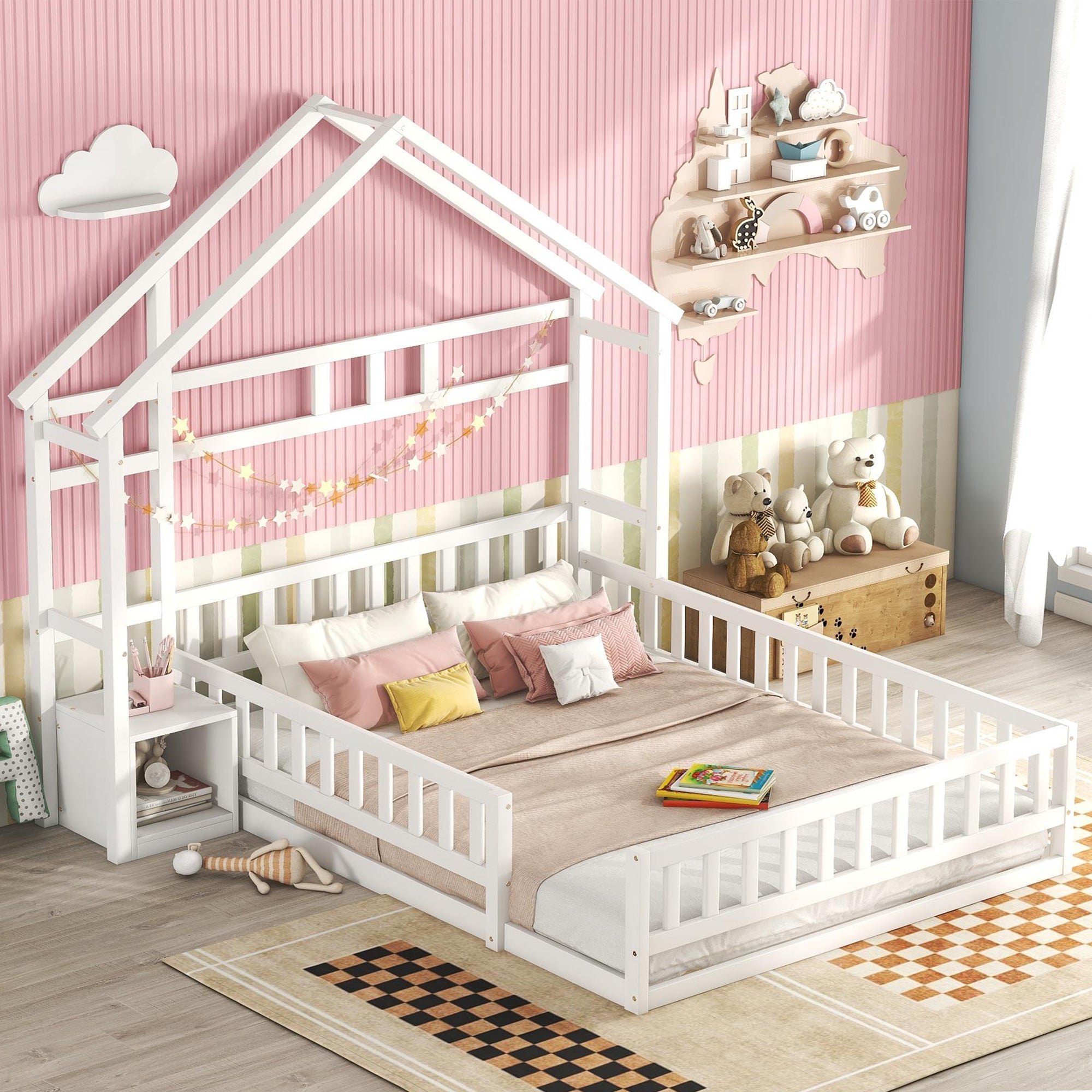 Logidon 140x200 cm kinderbed wit plat bed huisbed met reling nachtkastjes