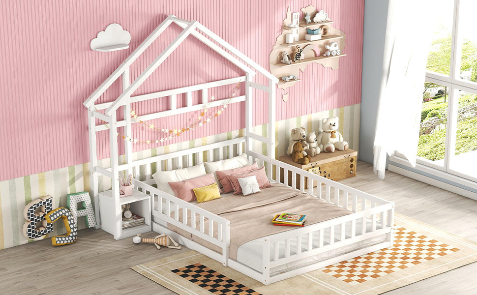 Logidon 140x200 cm kinderbed wit plat bed huisbed met reling nachtkastjes