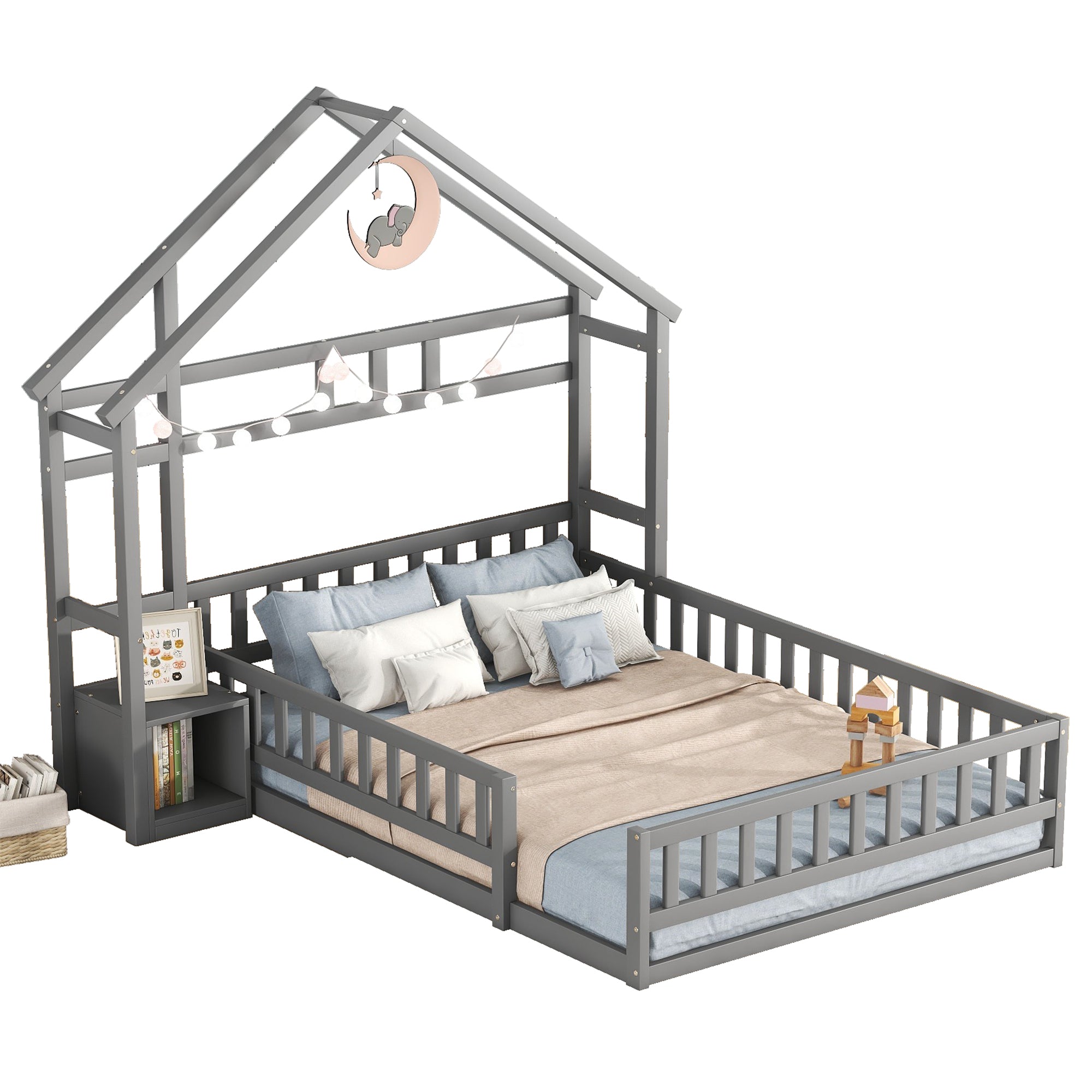 Logidon 140x200 cm huisbed grijs met reling en nachtkastje