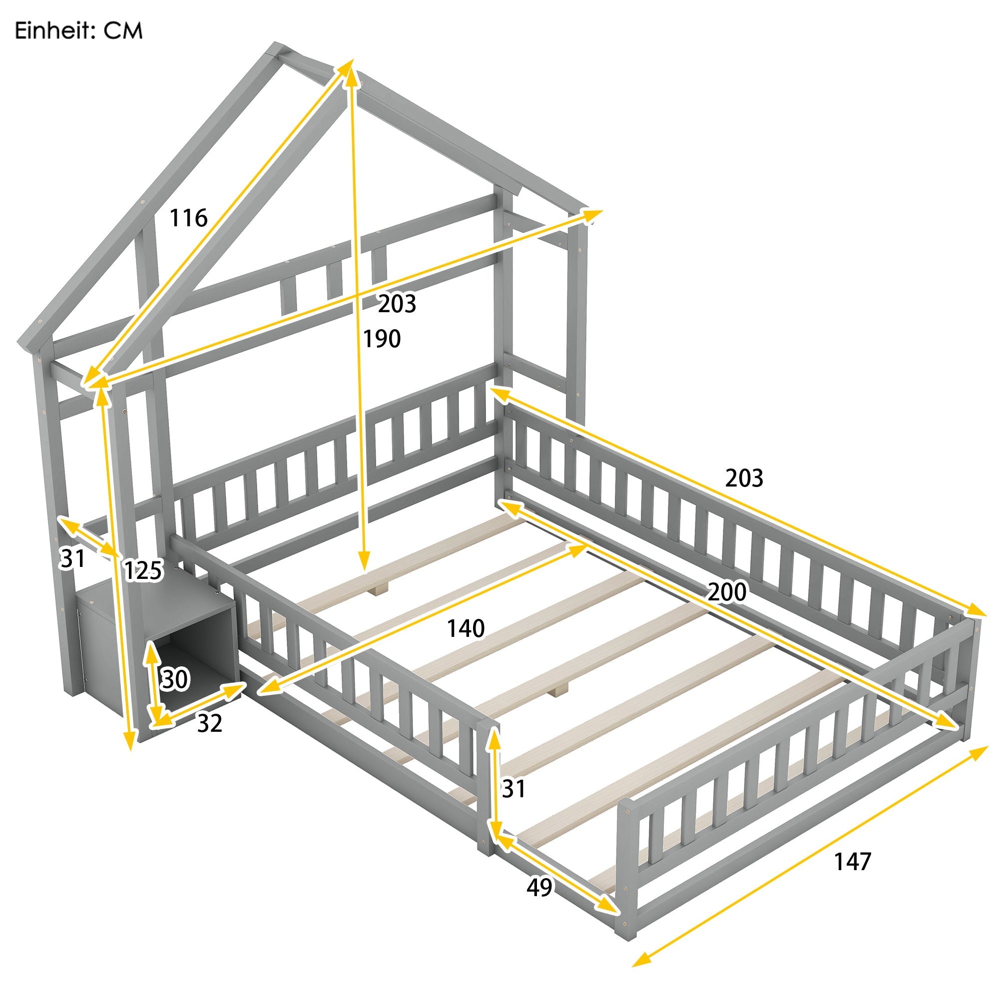Logidon 140x200 cm huisbed grijs met reling en nachtkastje
