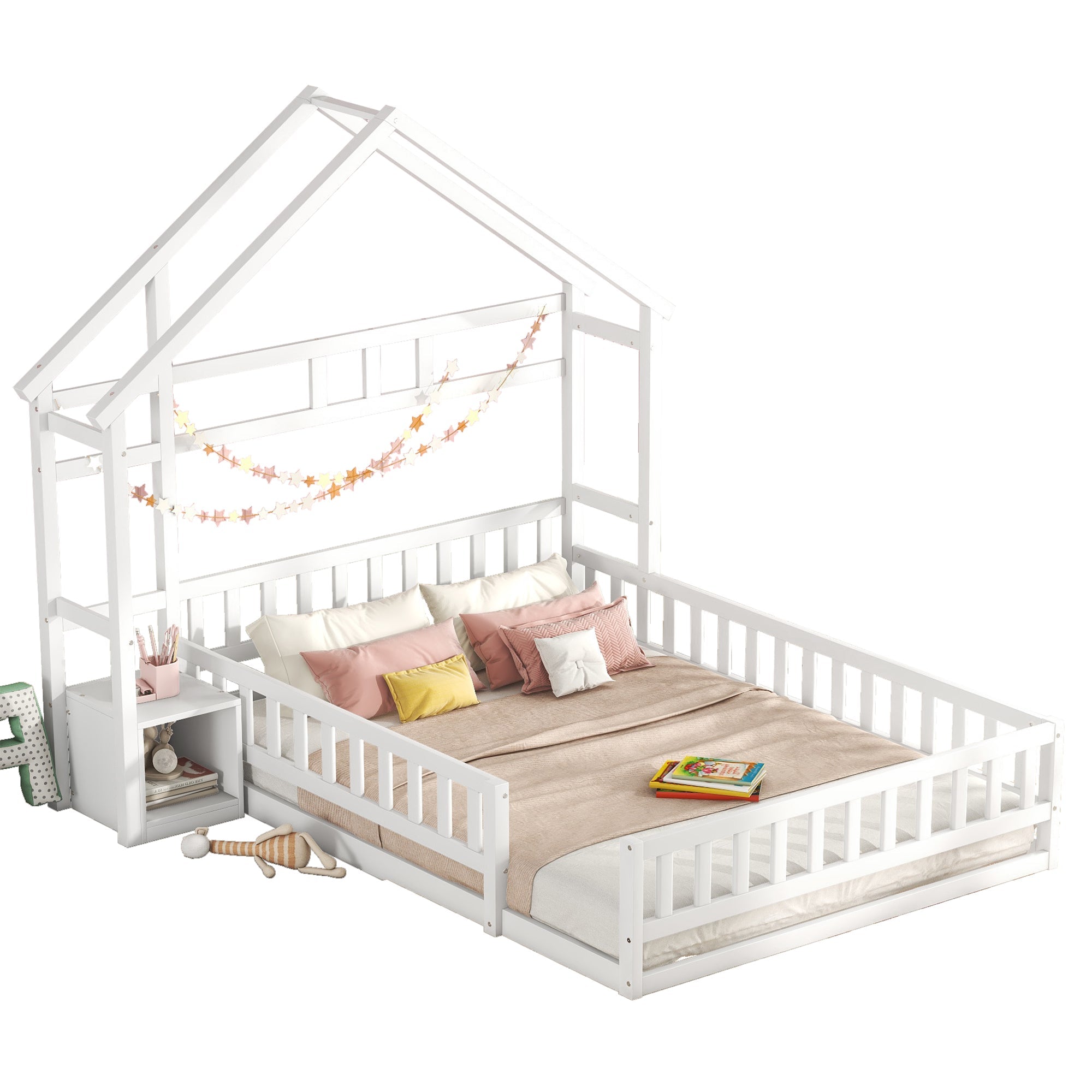 Logidon 140x200 cm kinderbed wit plat bed huisbed met reling nachtkastjes
