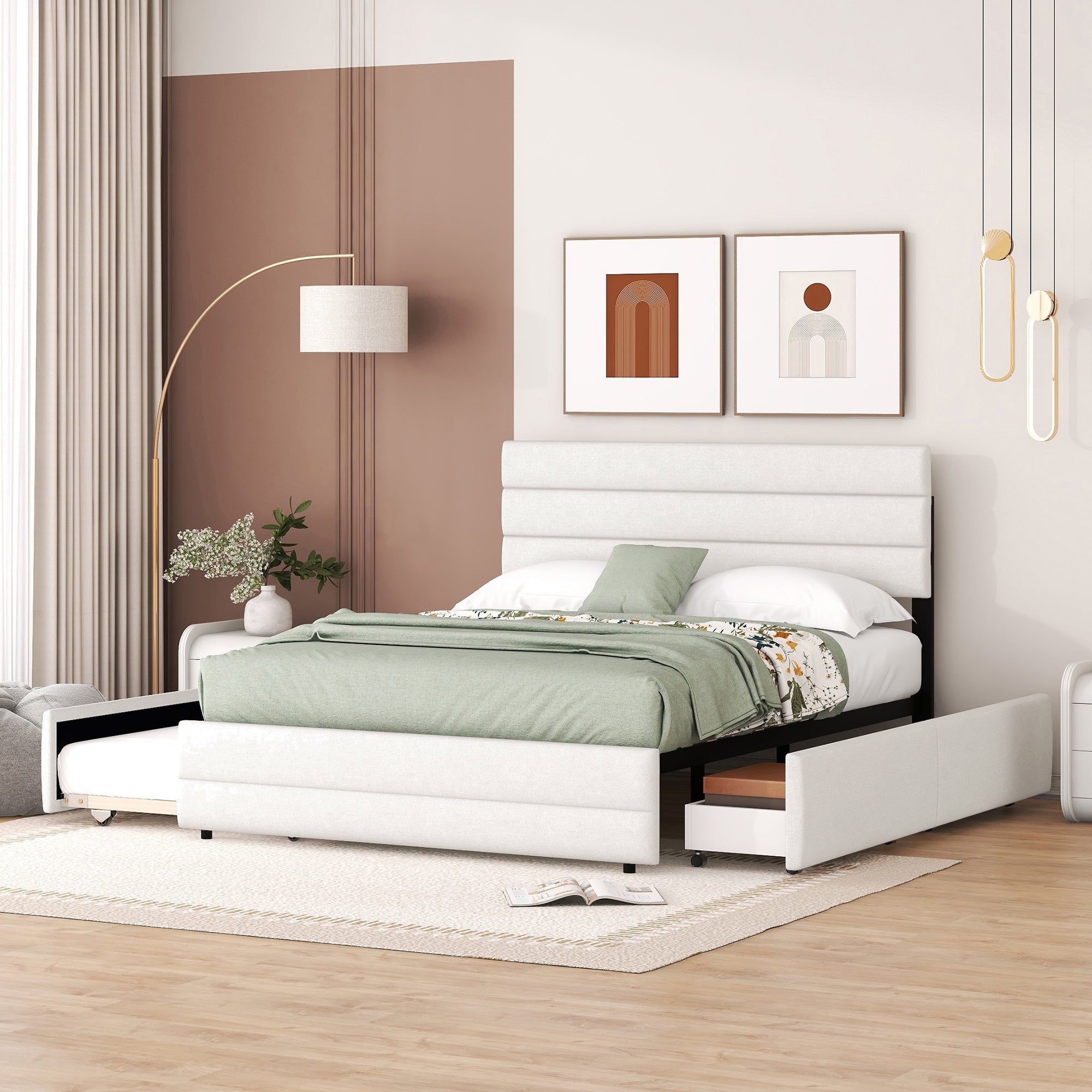 Logidon platformbed 140x200 beige met lades en rolcontainer