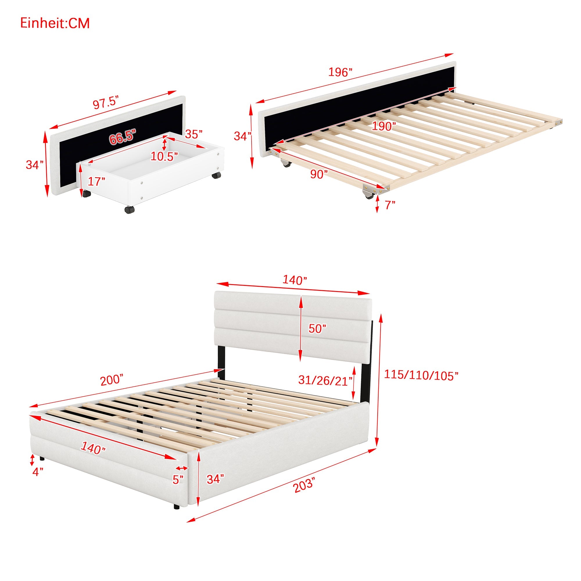 Logidon platformbed 140x200 beige met lades en rolcontainer