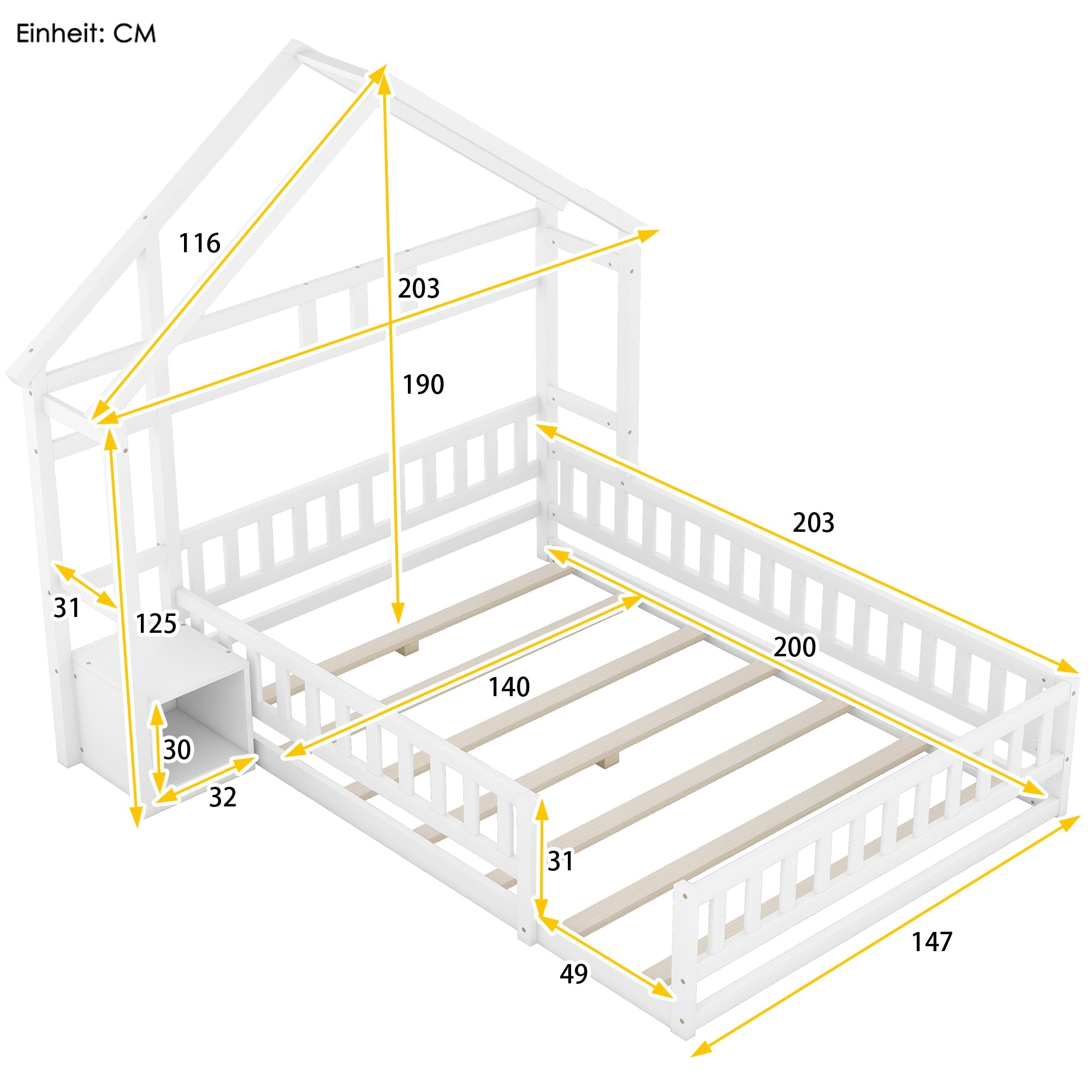 Logidon 140x200 cm kinderbed wit plat bed huisbed met reling nachtkastjes