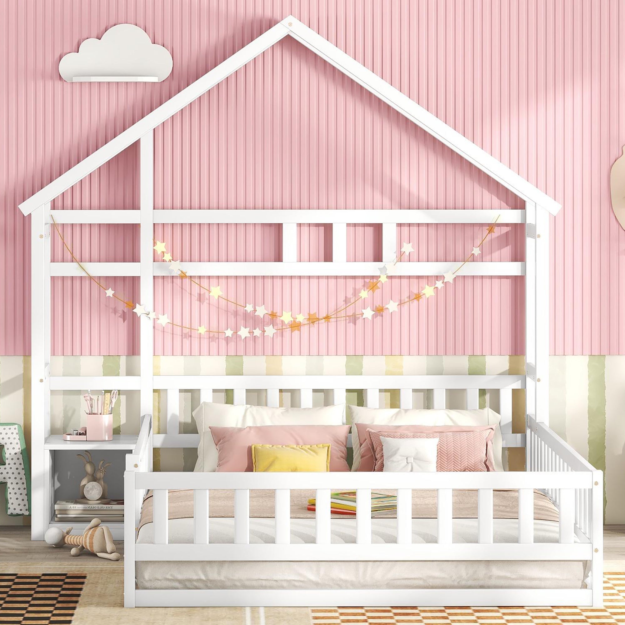 Logidon 140x200 cm kinderbed wit plat bed huisbed met reling nachtkastjes