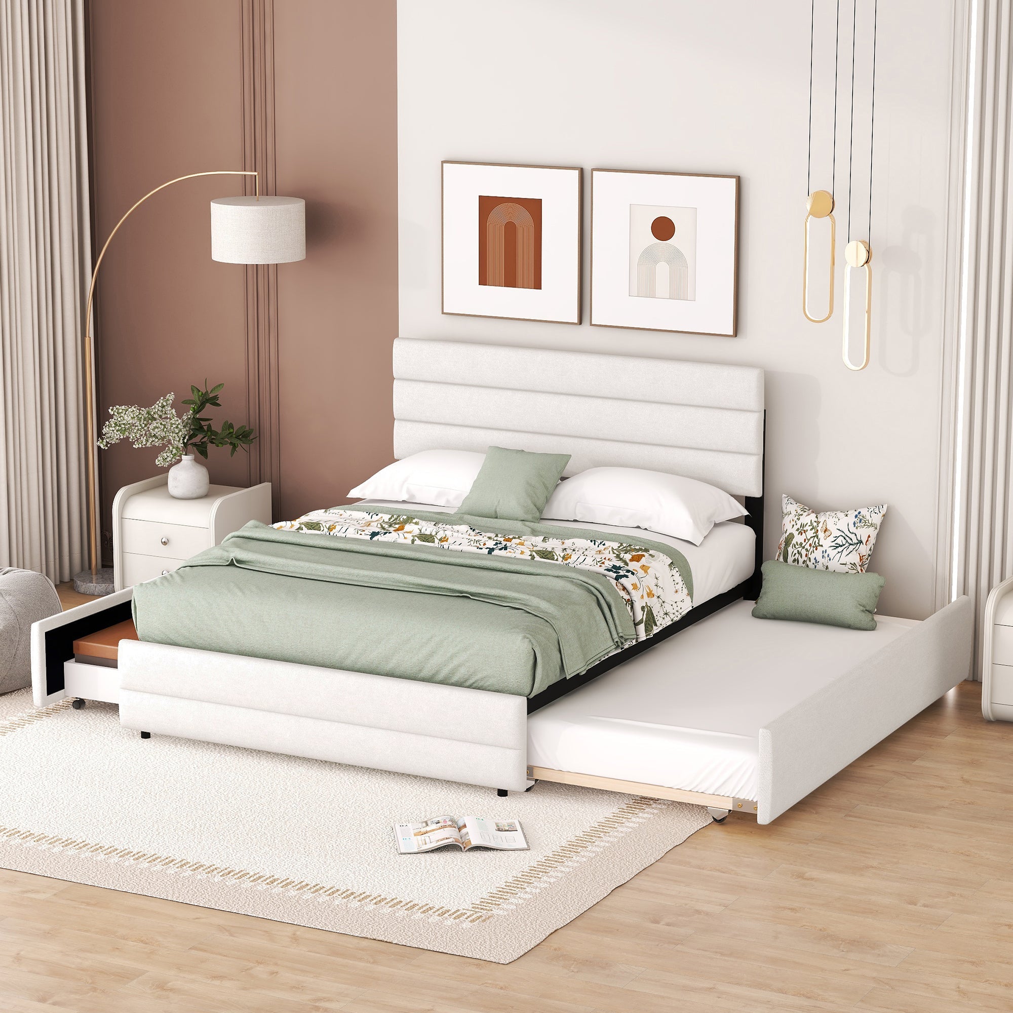Logidon platformbed 140x200 beige met lades en rolcontainer