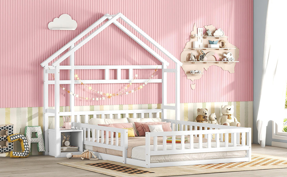 Logidon 140x200 cm kinderbed wit plat bed huisbed met reling nachtkastjes