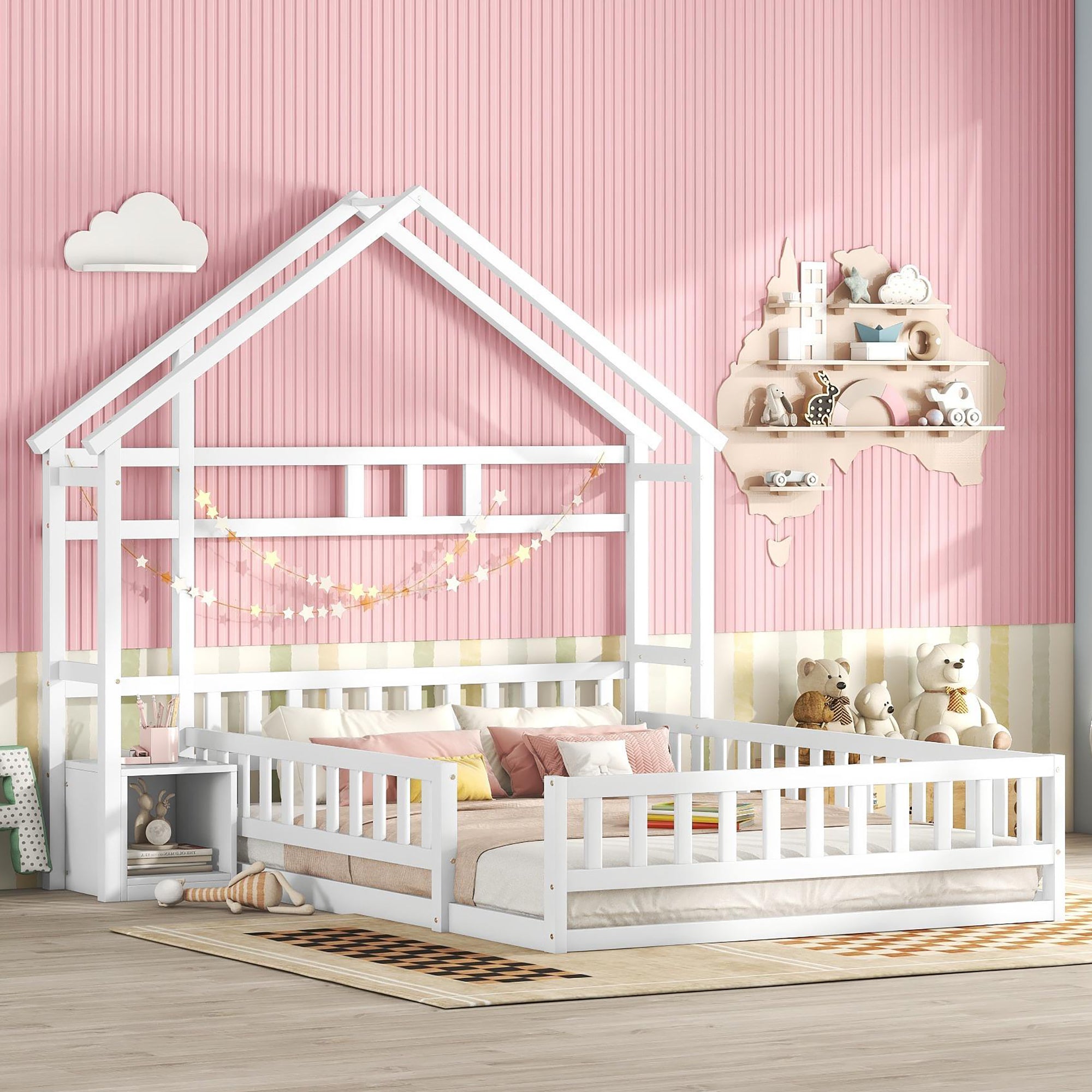 Logidon 140x200 cm kinderbed wit plat bed huisbed met reling nachtkastjes