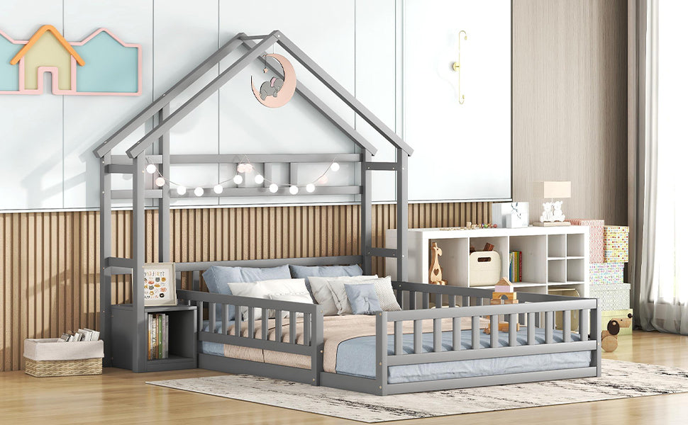 Logidon 140x200 cm huisbed grijs met reling en nachtkastje