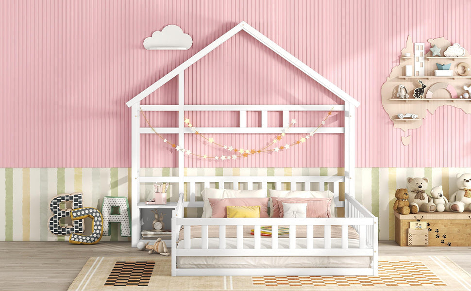 Logidon 140x200 cm kinderbed wit plat bed huisbed met reling nachtkastjes