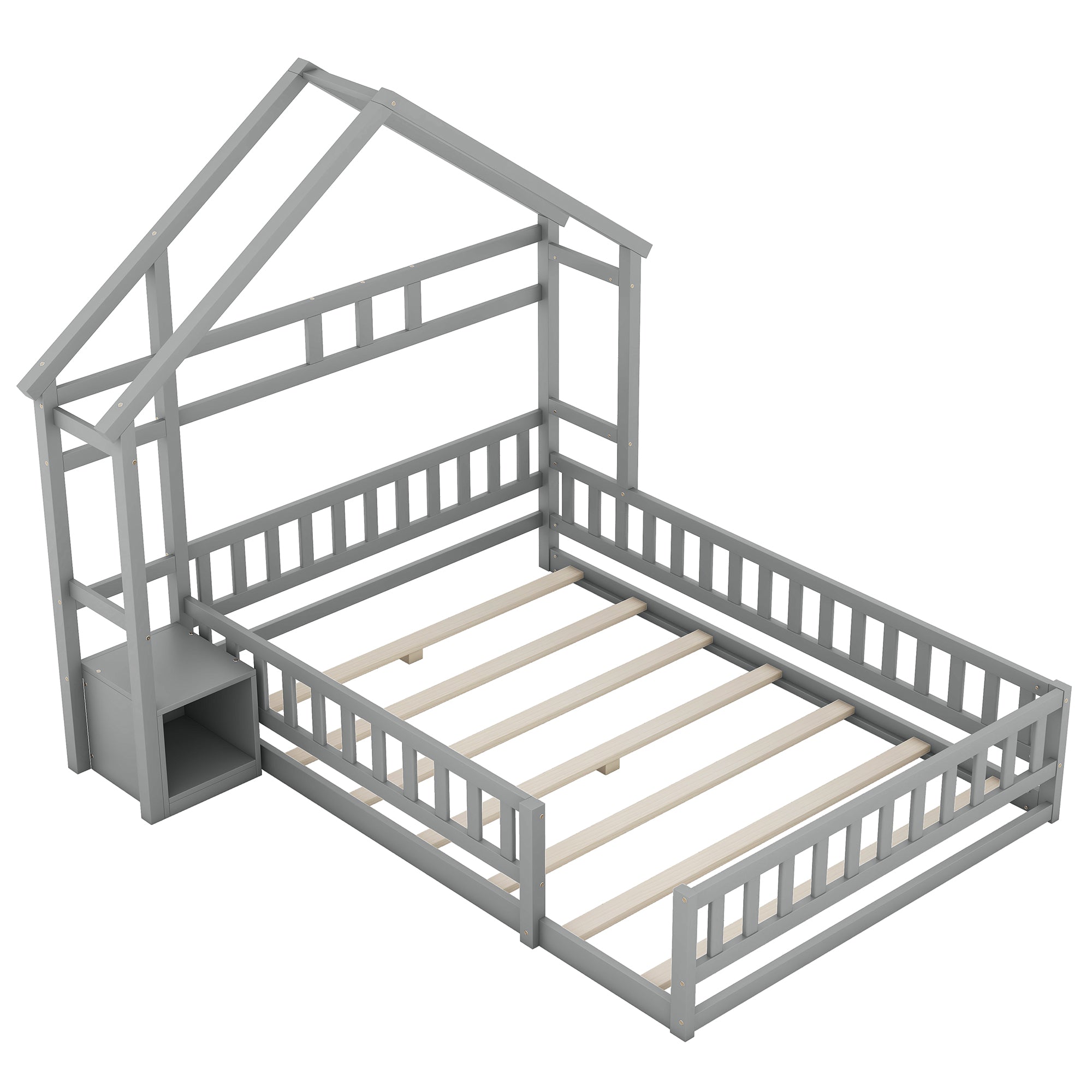 Logidon 140x200 cm huisbed grijs met reling en nachtkastje