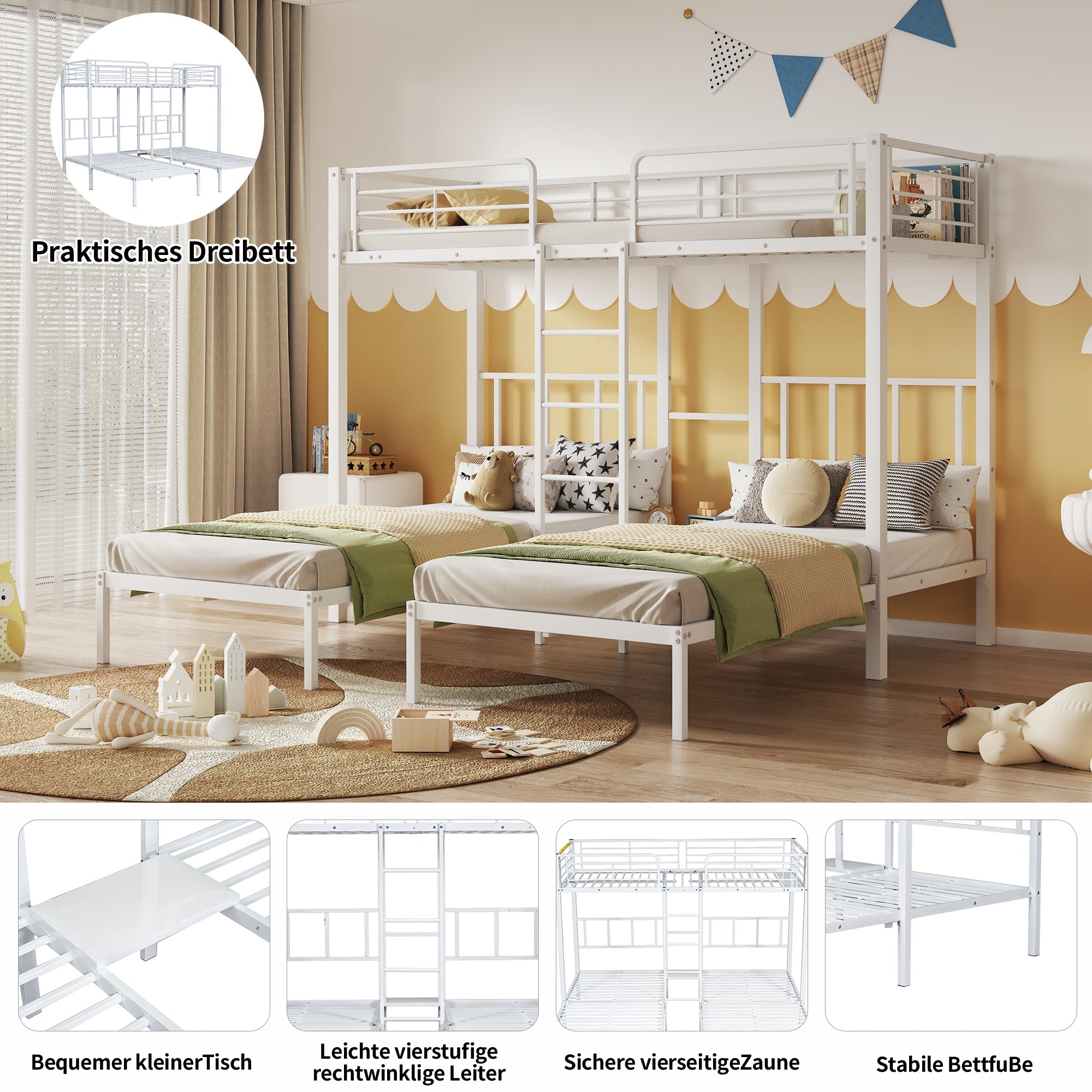 Logidon 3-persoons stapelbed wit 90x200cm met ladder en tafel