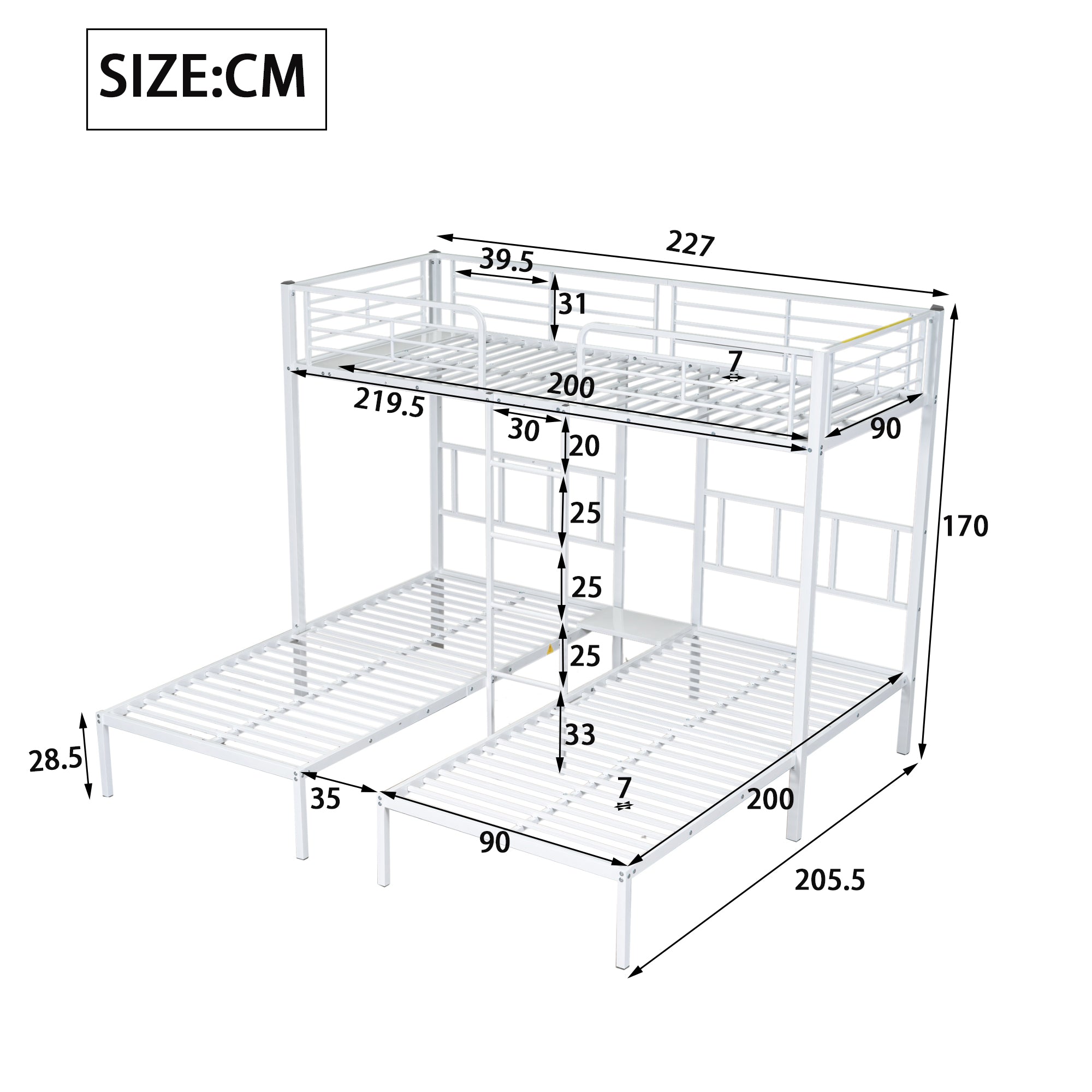 Logidon 3-persoons stapelbed wit 90x200cm met ladder en tafel