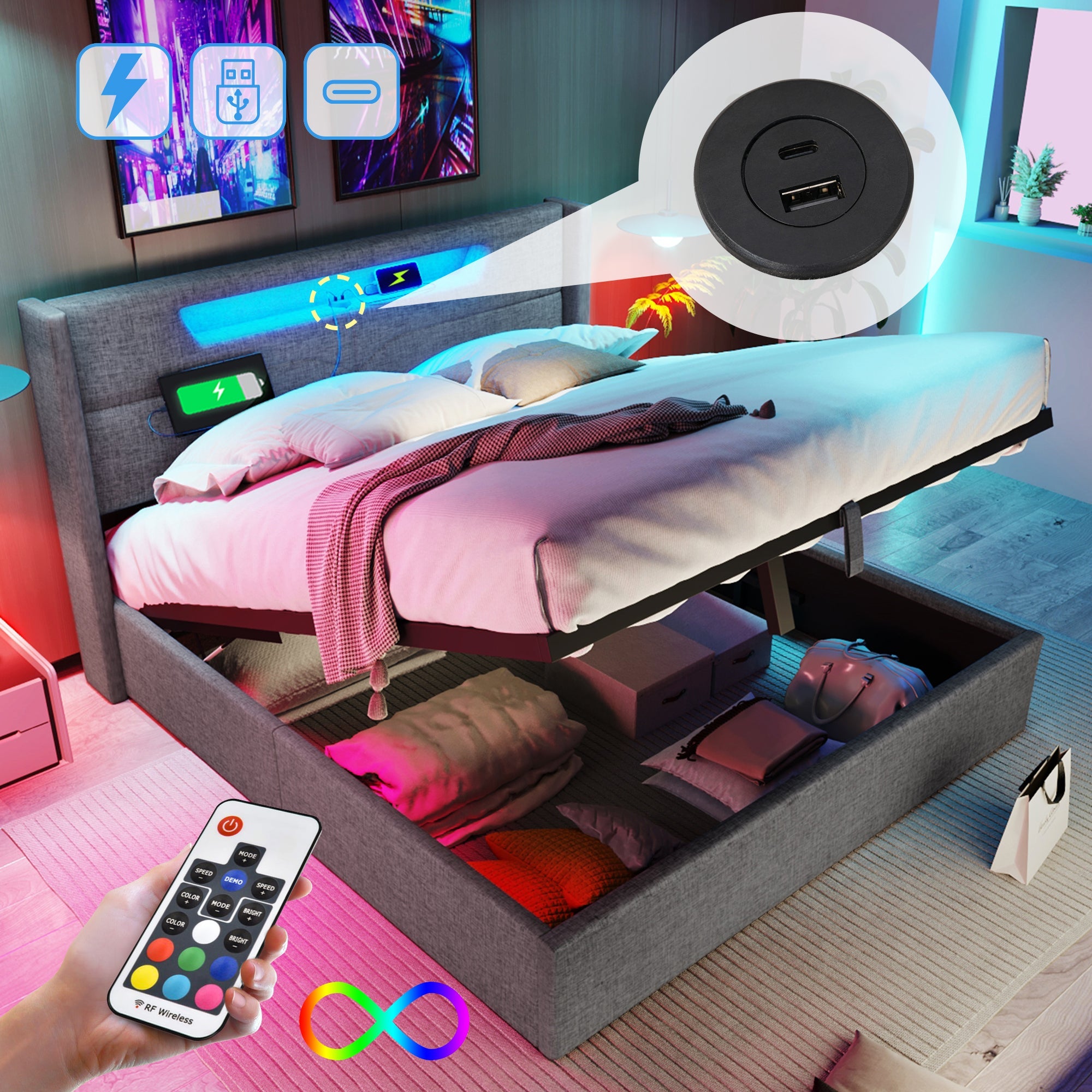 Logidon upholstered bed LED double bed 140x200 gray USB C charging function