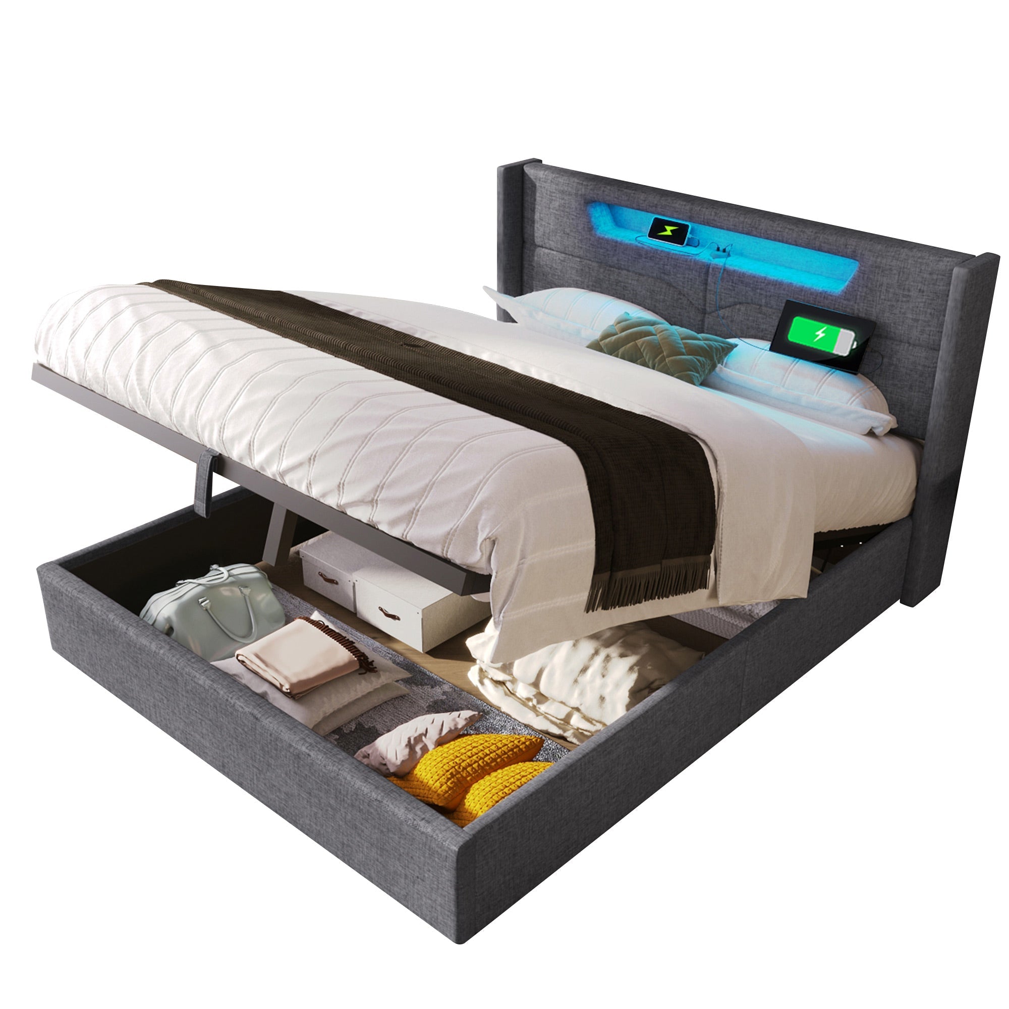 Logidon gestoffeerd bed LED tweepersoonsbed 140x200 grijs USB C oplaadfunctie